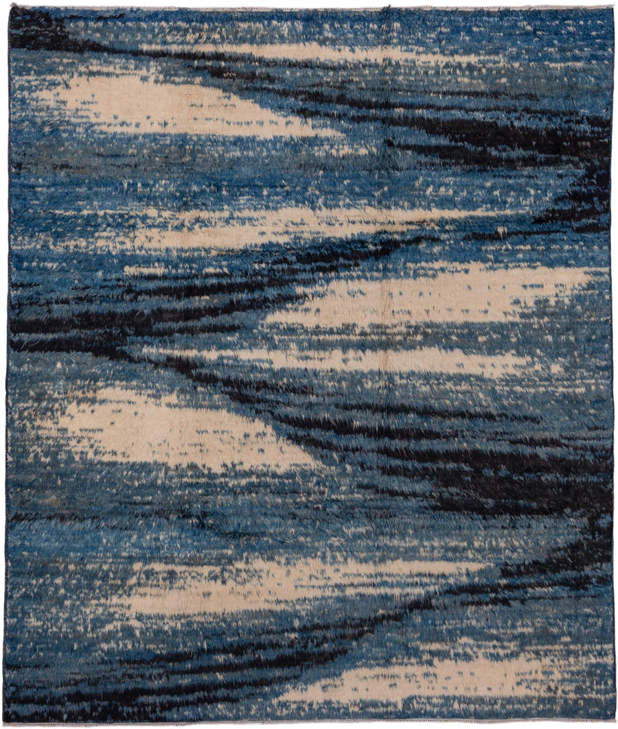 8' x 9' one-of-a-kind handmade vintage Moroccan rug. Color palette: blue, ivory, navy, charcoal, gray, black