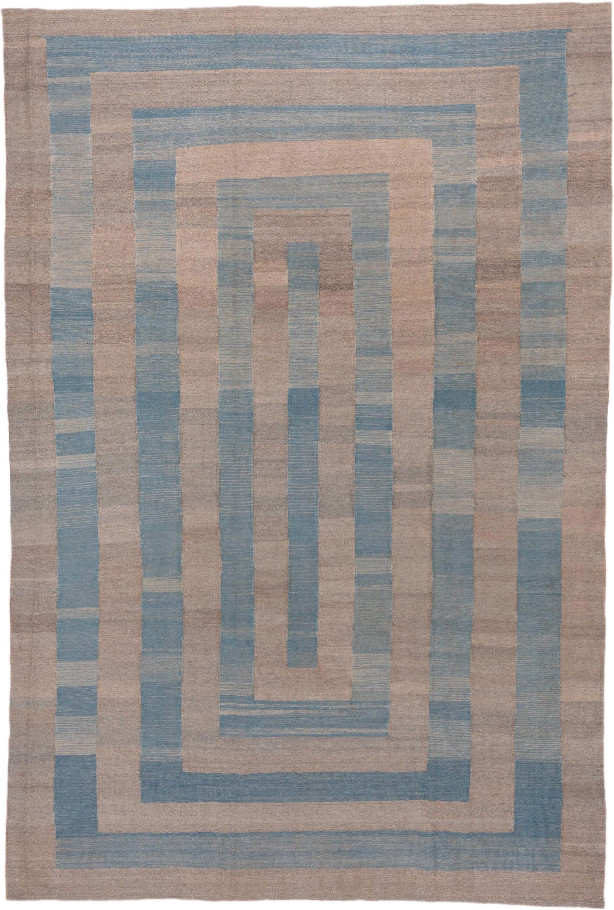 8' x 11' one-of-a-kind handmade vintage Kilim large size rug. Color palette: taupe, sky blue, beige, gray, light blue