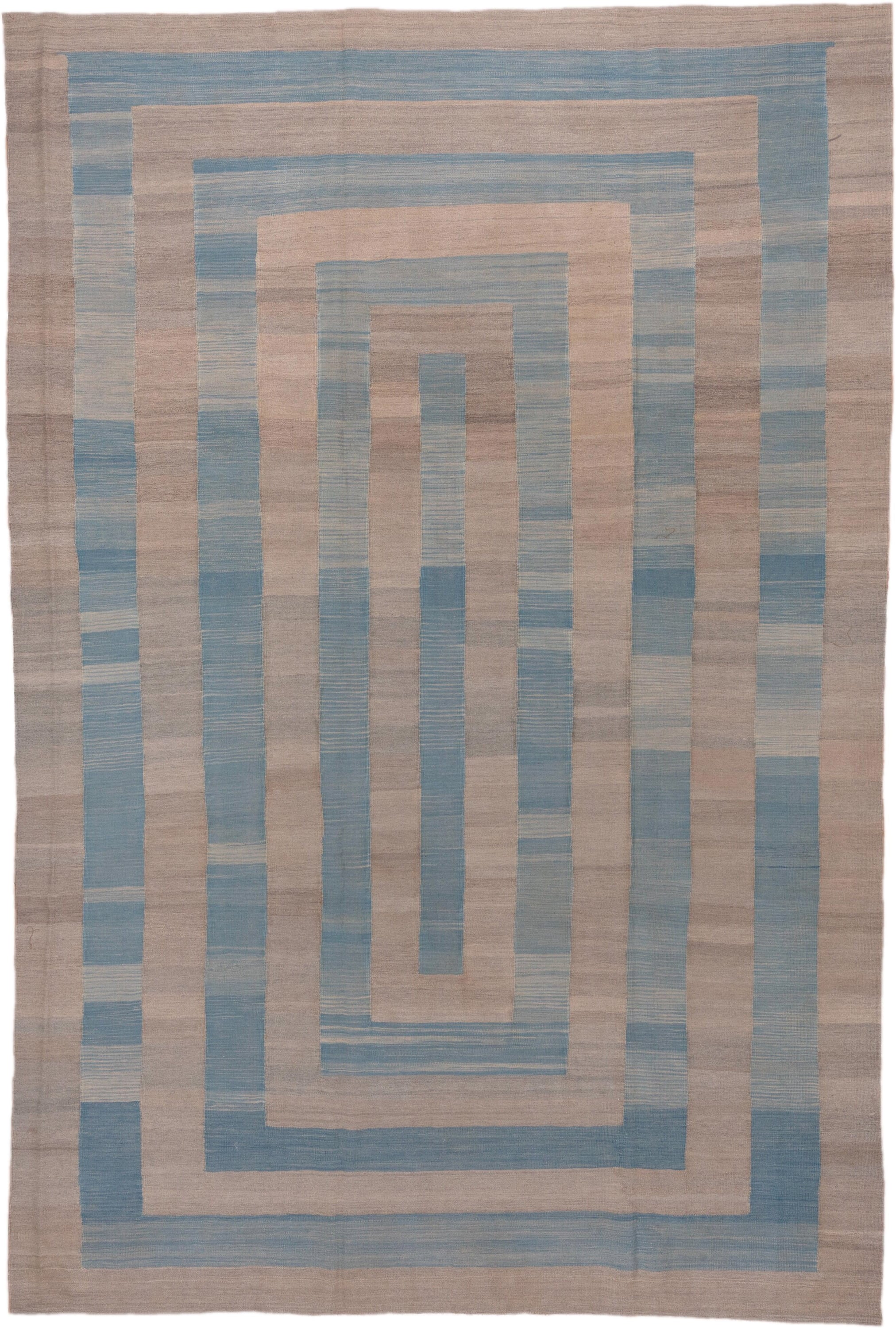 8' x 11' one-of-a-kind handmade vintage Kilim large size rug. Color palette: taupe, sky blue, beige, gray, light blue