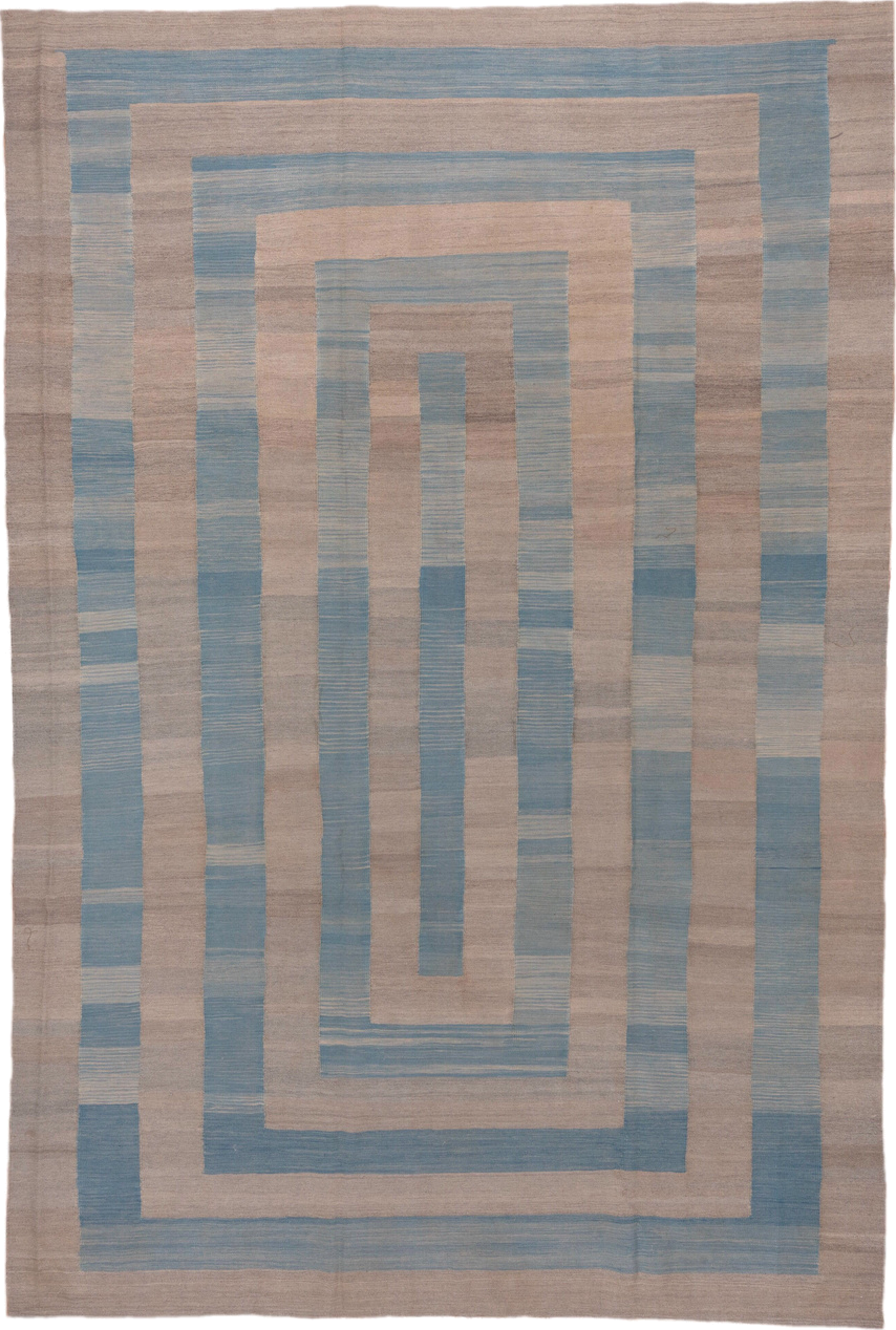 8' x 11' one-of-a-kind handmade vintage Kilim large size rug. Color palette: taupe, sky blue, beige, gray, light blue