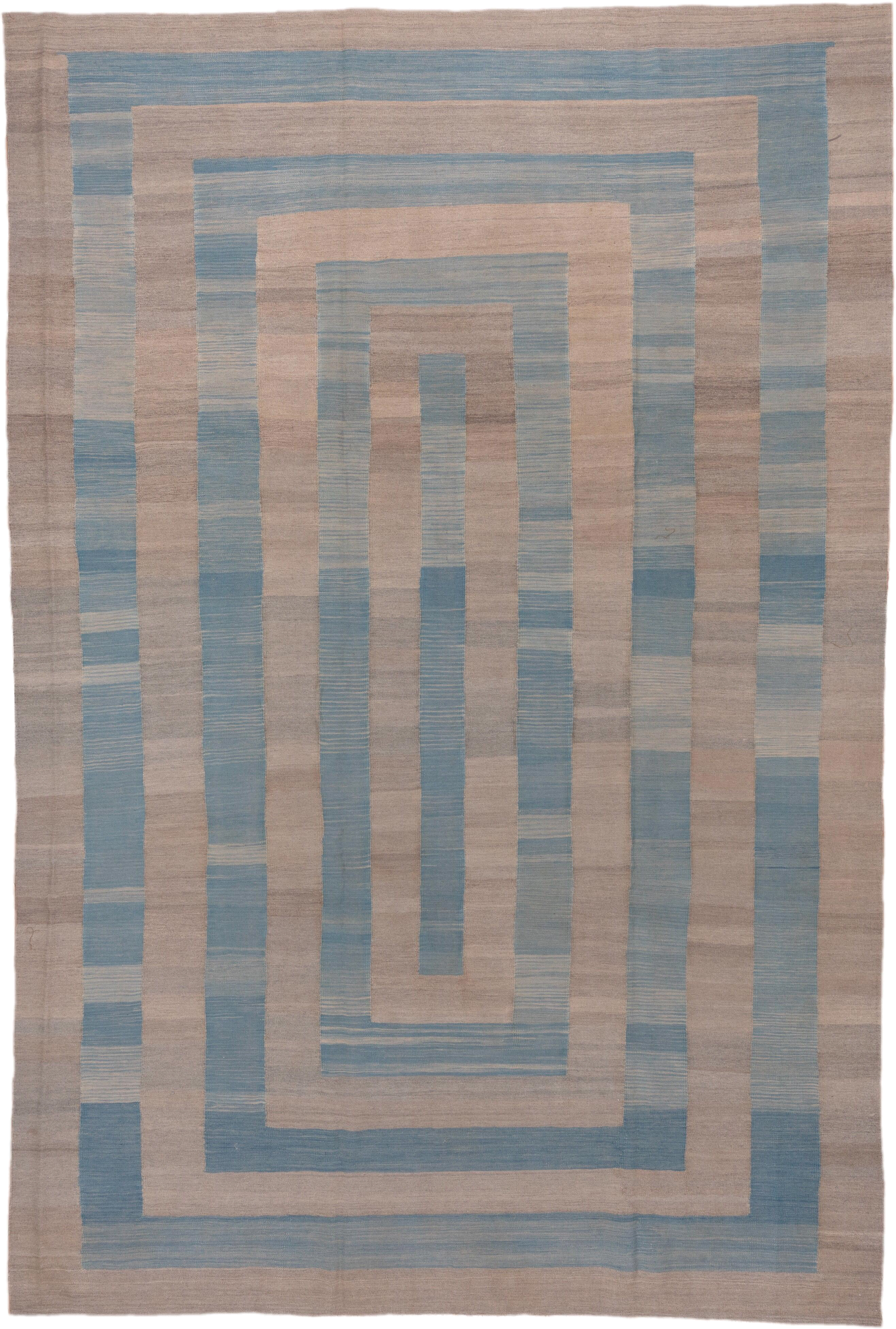 8' x 11' one-of-a-kind handmade vintage Kilim large size rug. Color palette: taupe, sky blue, beige, gray, light blue