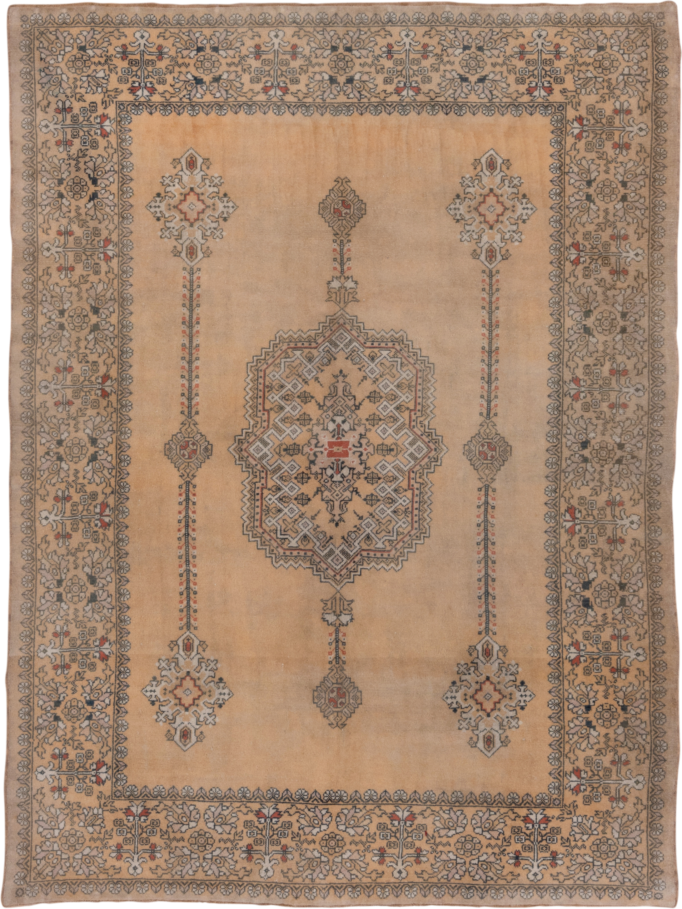 6' x 9' one-of-a-kind handmade vintage Sivas medium size rug. Color palette: camel, taupe, ivory, slate, rust, charcoal