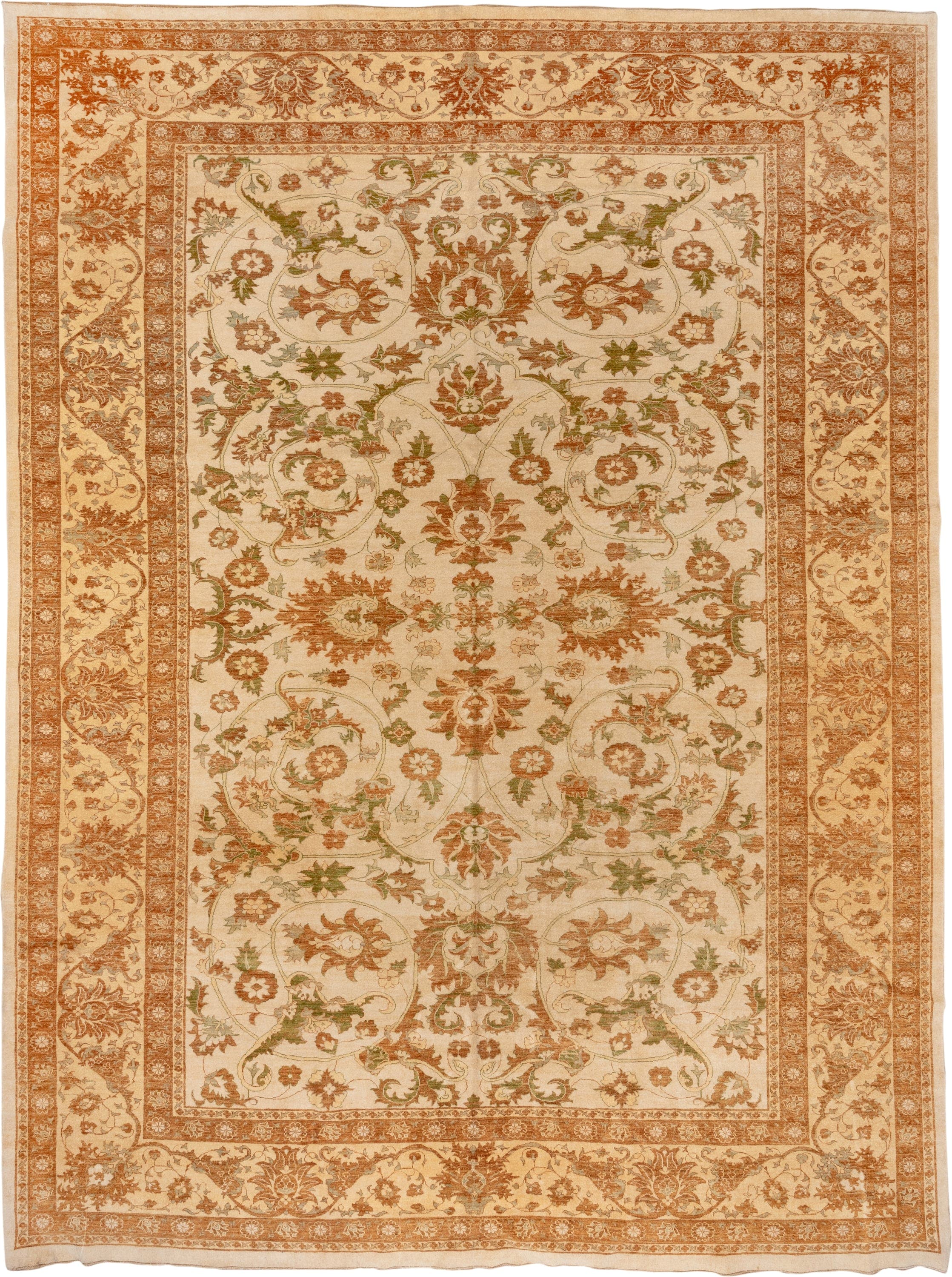 11' x 15' one-of-a-kind handmade vintage Sultanabad oversize rug. Color palette: ivory, terra cotta, sage, camel, taupe