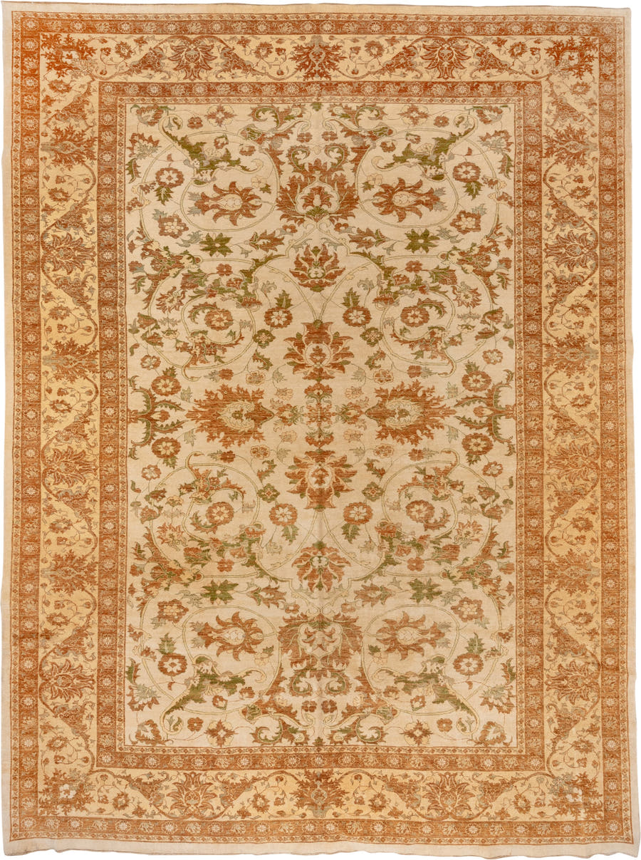 11' x 15' one-of-a-kind handmade vintage Sultanabad oversize rug. Color palette: ivory, terra cotta, sage, camel, taupe
