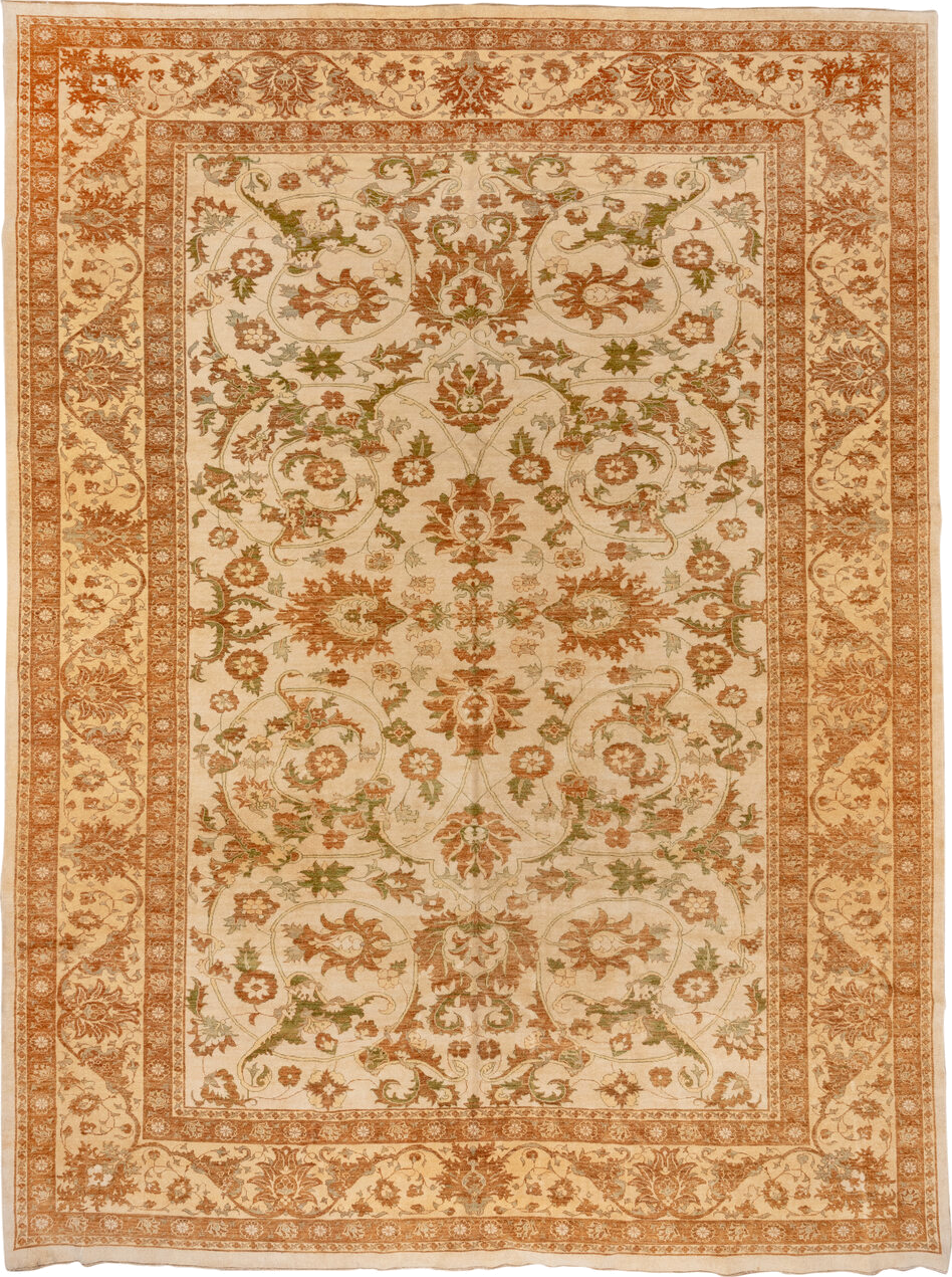 11' x 15' one-of-a-kind handmade vintage Sultanabad oversize rug. Color palette: ivory, terra cotta, sage, camel, taupe