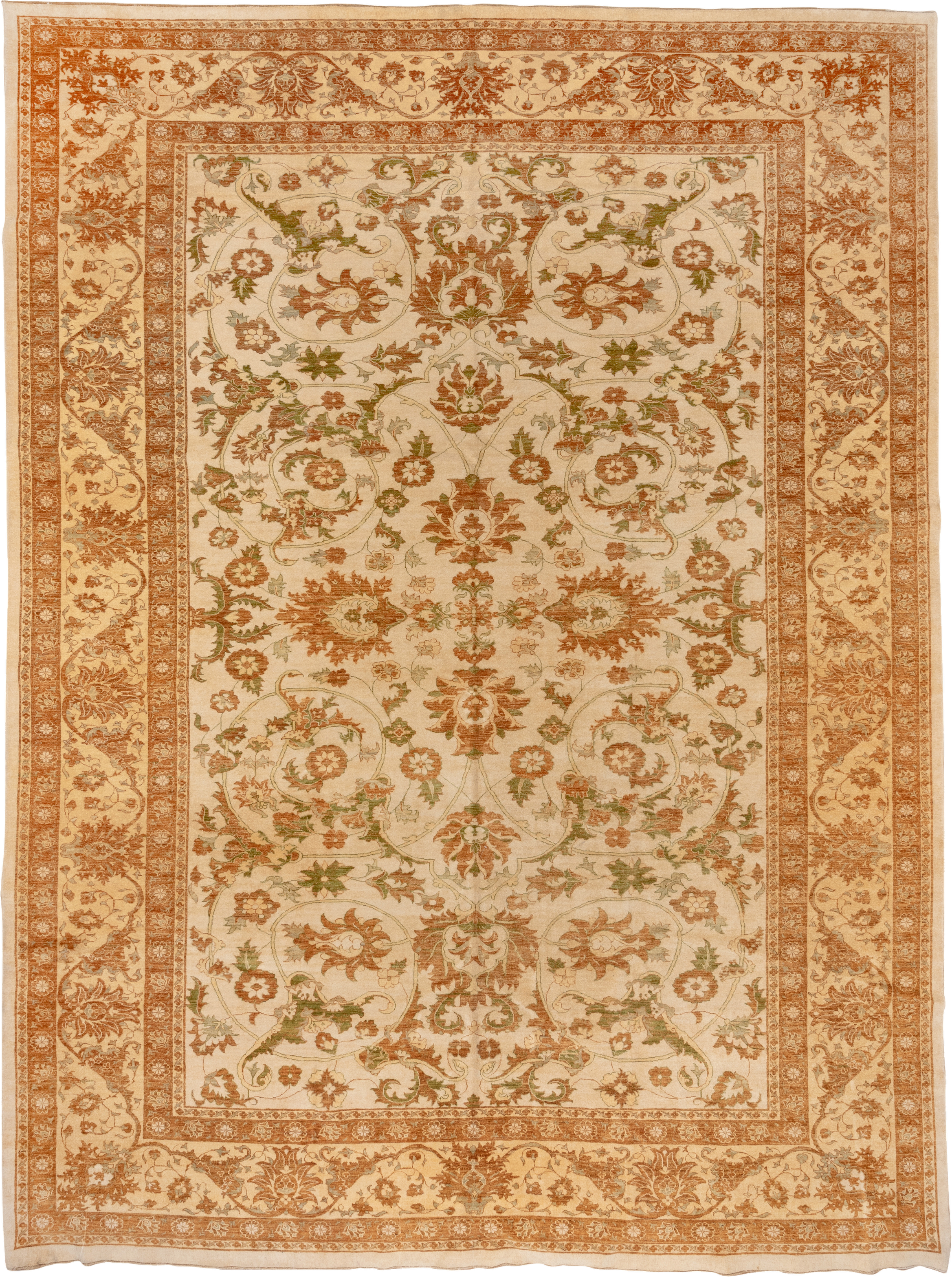 11' x 15' one-of-a-kind handmade vintage Sultanabad oversize rug. Color palette: ivory, terra cotta, sage, camel, taupe
