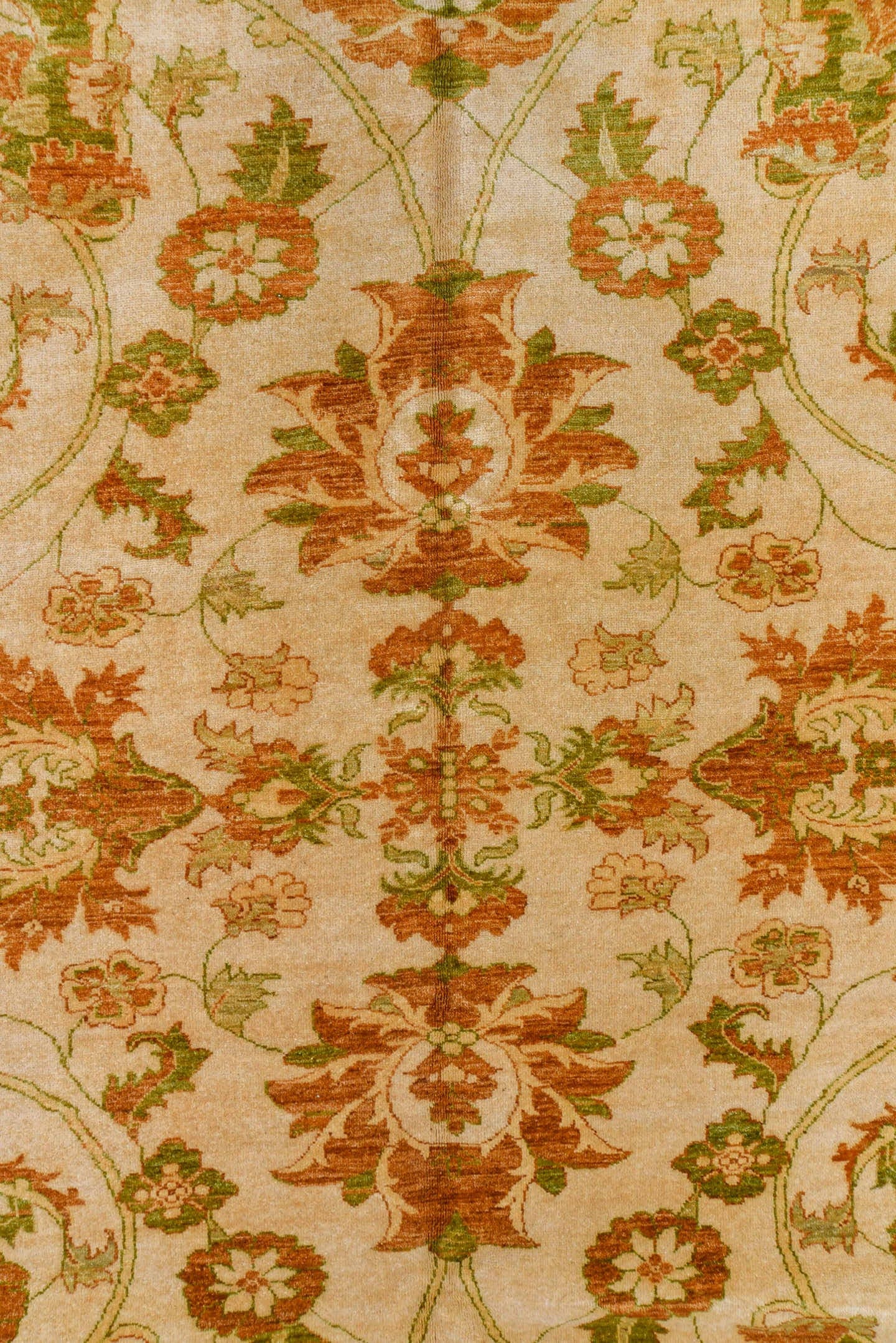 11' x 15' one-of-a-kind handmade vintage Sultanabad oversize rug. Color palette: ivory, terra cotta, sage, camel, taupe