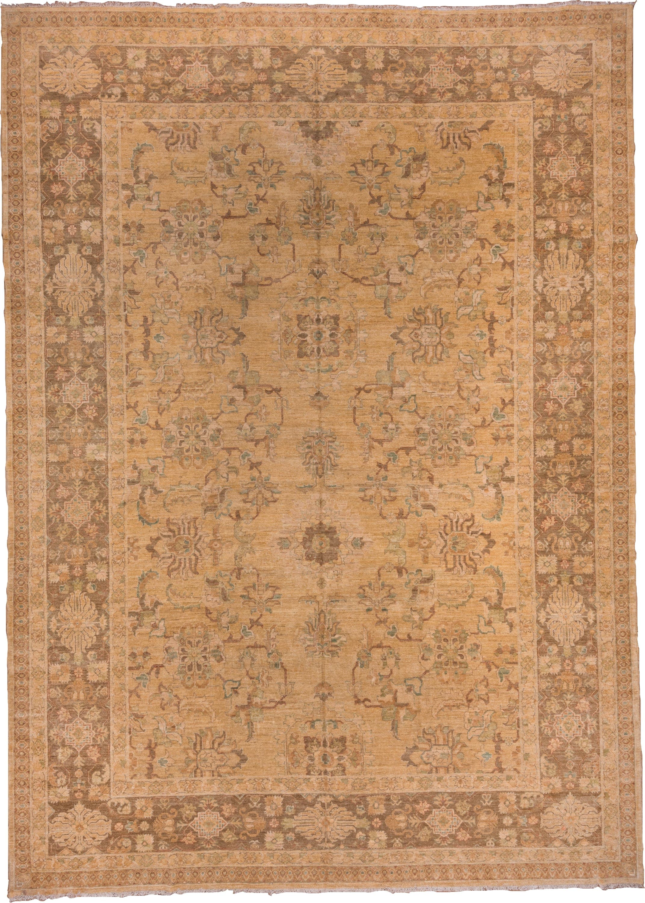 12' x 17' one-of-a-kind handmade vintage Pakistan oversize rug. Color palette: camel, taupe, brown, beige, sage, ivory