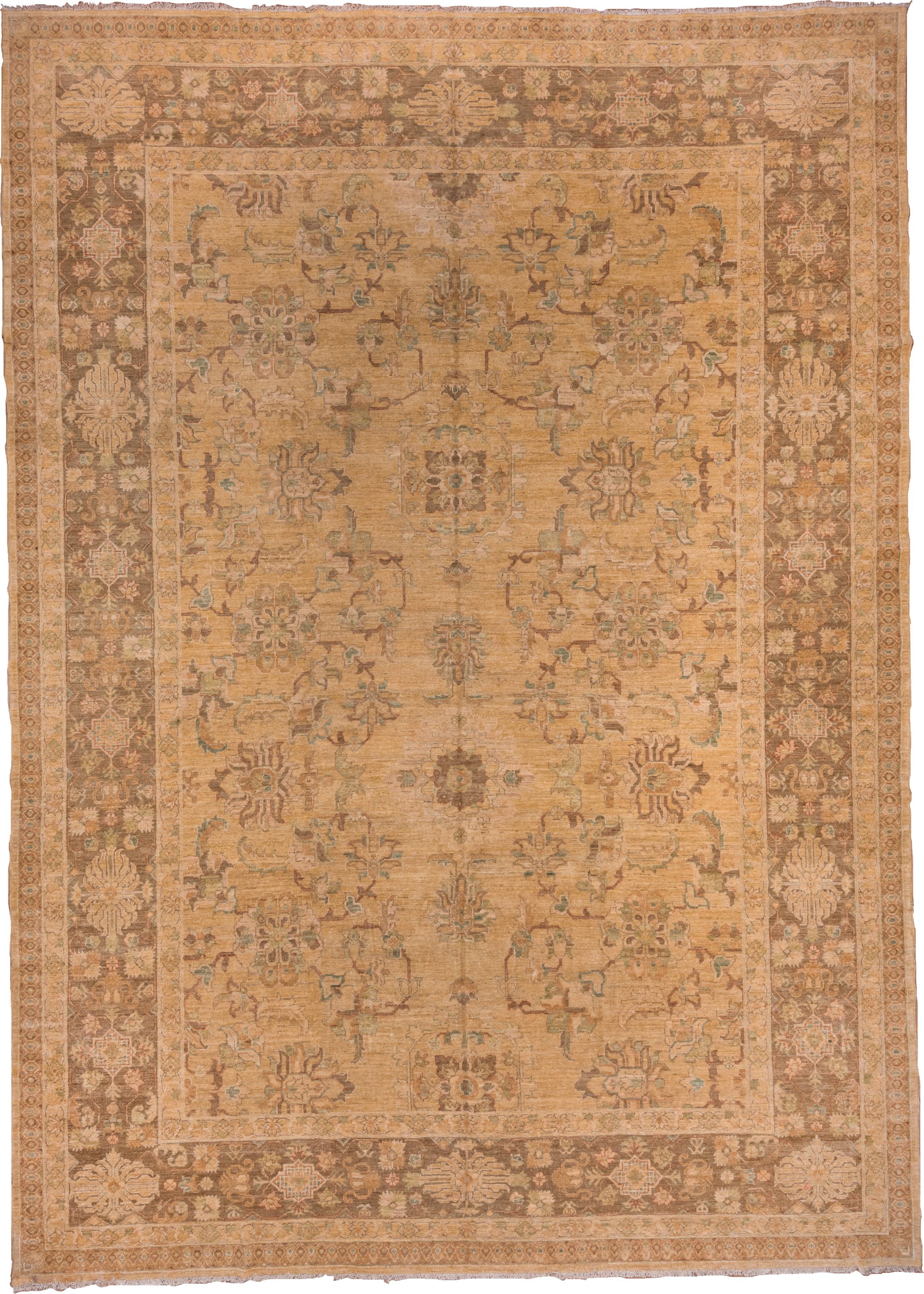 12' x 17' one-of-a-kind handmade vintage Pakistan oversize rug. Color palette: camel, taupe, brown, beige, sage, ivory
