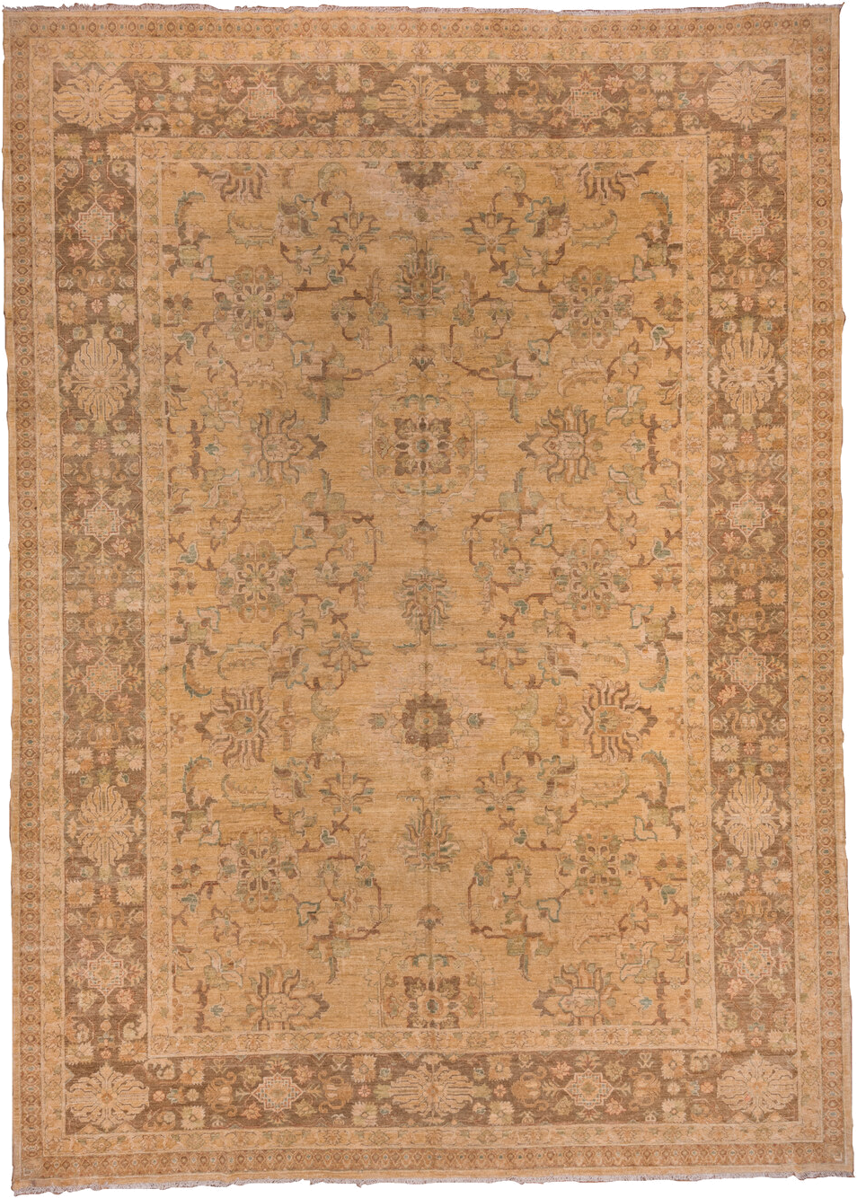 12' x 17' one-of-a-kind handmade vintage Pakistan oversize rug. Color palette: camel, taupe, brown, beige, sage, ivory