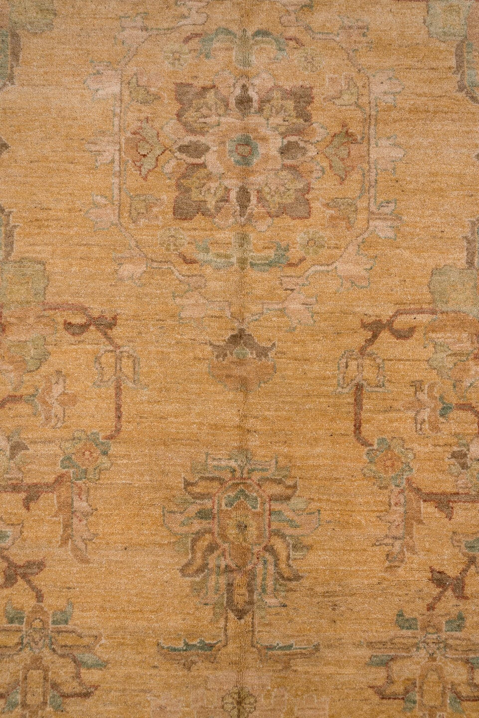 12' x 17' one-of-a-kind handmade vintage Pakistan oversize rug. Color palette: camel, taupe, brown, beige, sage, ivory