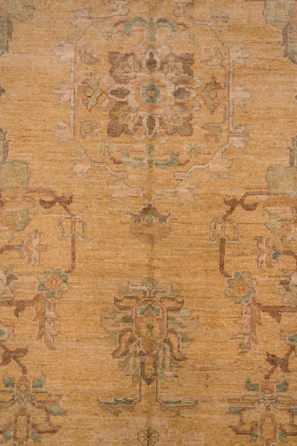 12' x 17' one-of-a-kind handmade vintage Pakistan oversize rug. Color palette: camel, taupe, brown, beige, sage, ivory