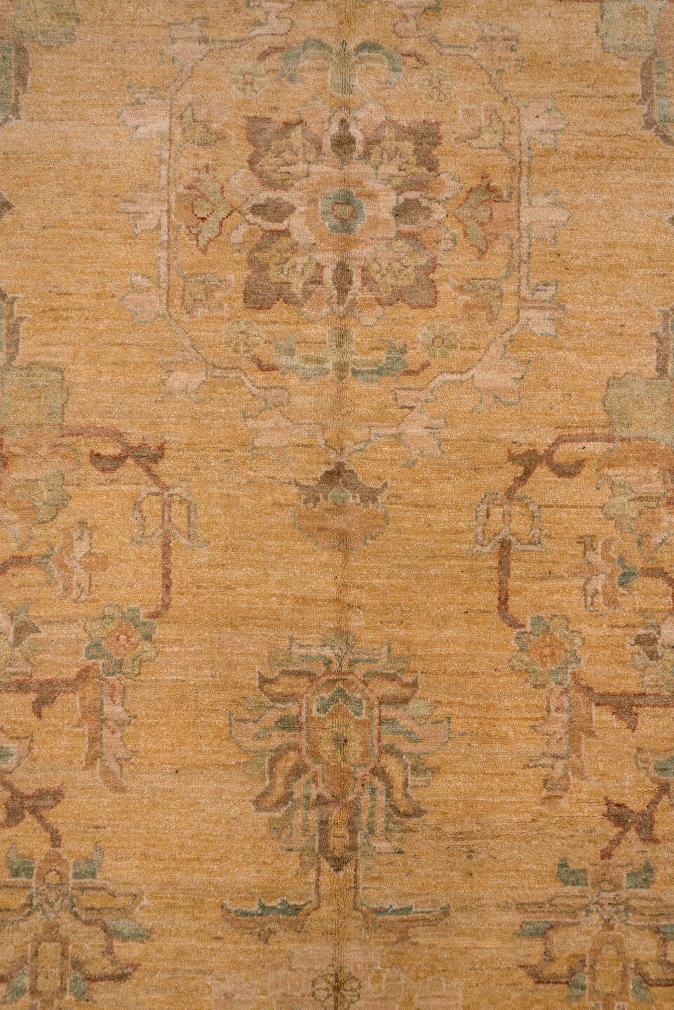 12' x 17' one-of-a-kind handmade vintage Pakistan oversize rug. Color palette: camel, taupe, brown, beige, sage, ivory