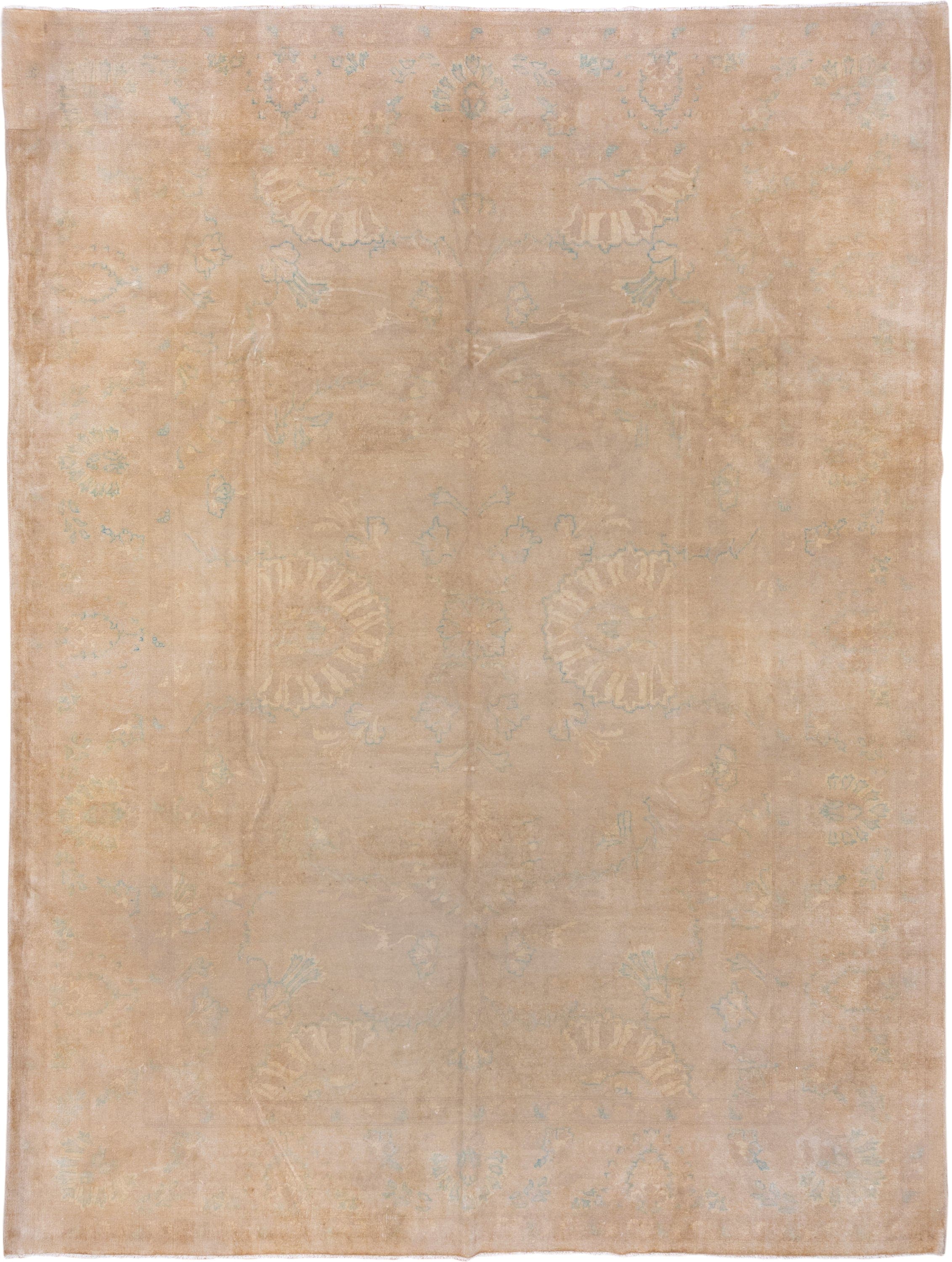 10' x 13' one-of-a-kind handmade vintage Amritzar large size rug. Color palette: beige, camel, ivory, pale aqua, cream