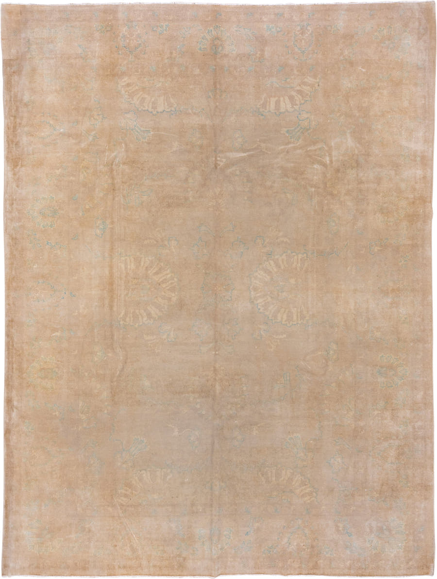 10' x 13' one-of-a-kind handmade vintage Amritzar large size rug. Color palette: beige, camel, ivory, pale aqua, cream