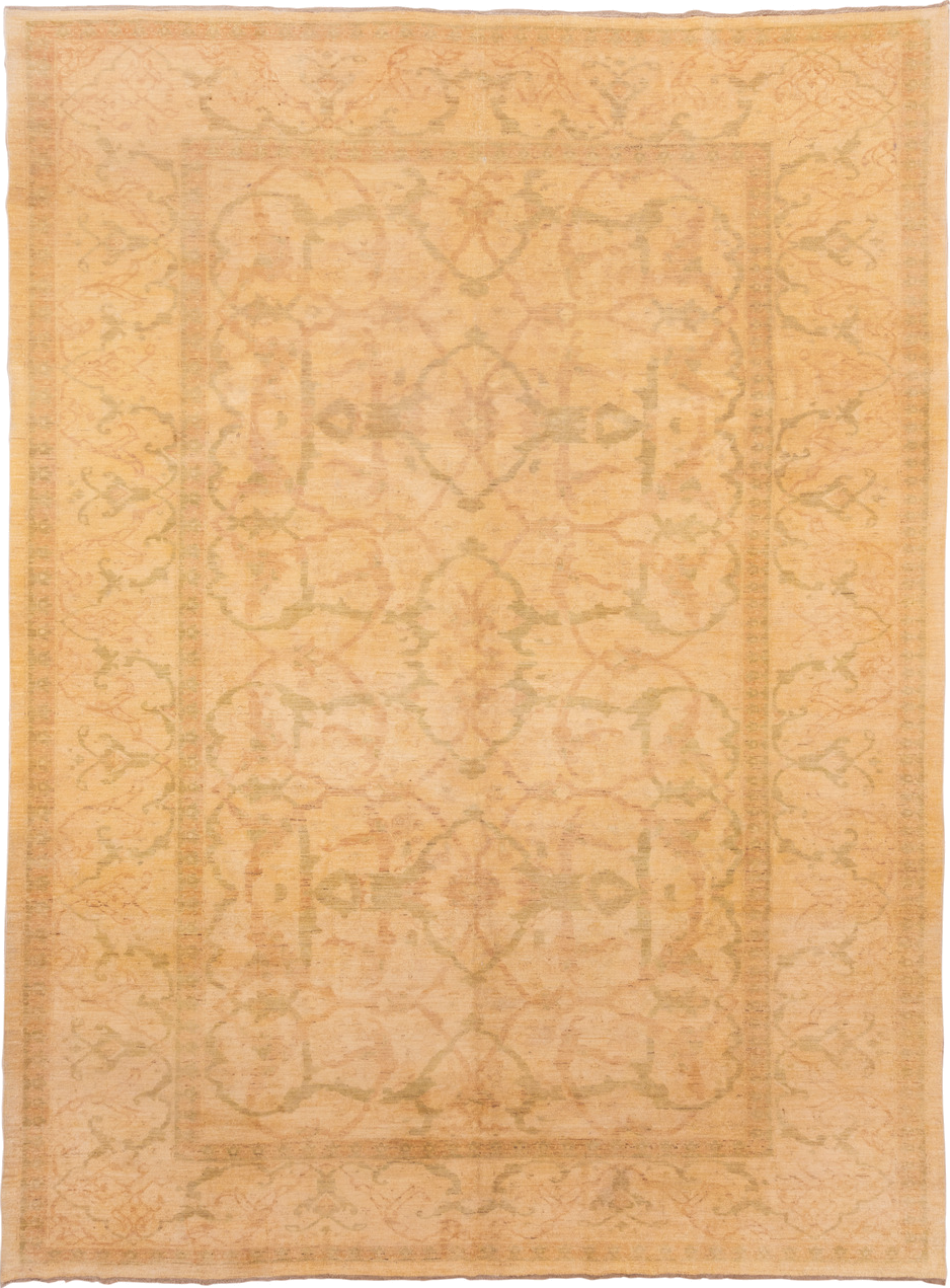 10' x 14' one-of-a-kind handmade vintage Polonase large size rug. Color palette: peach, apricot, ivory, sage, gold, beige