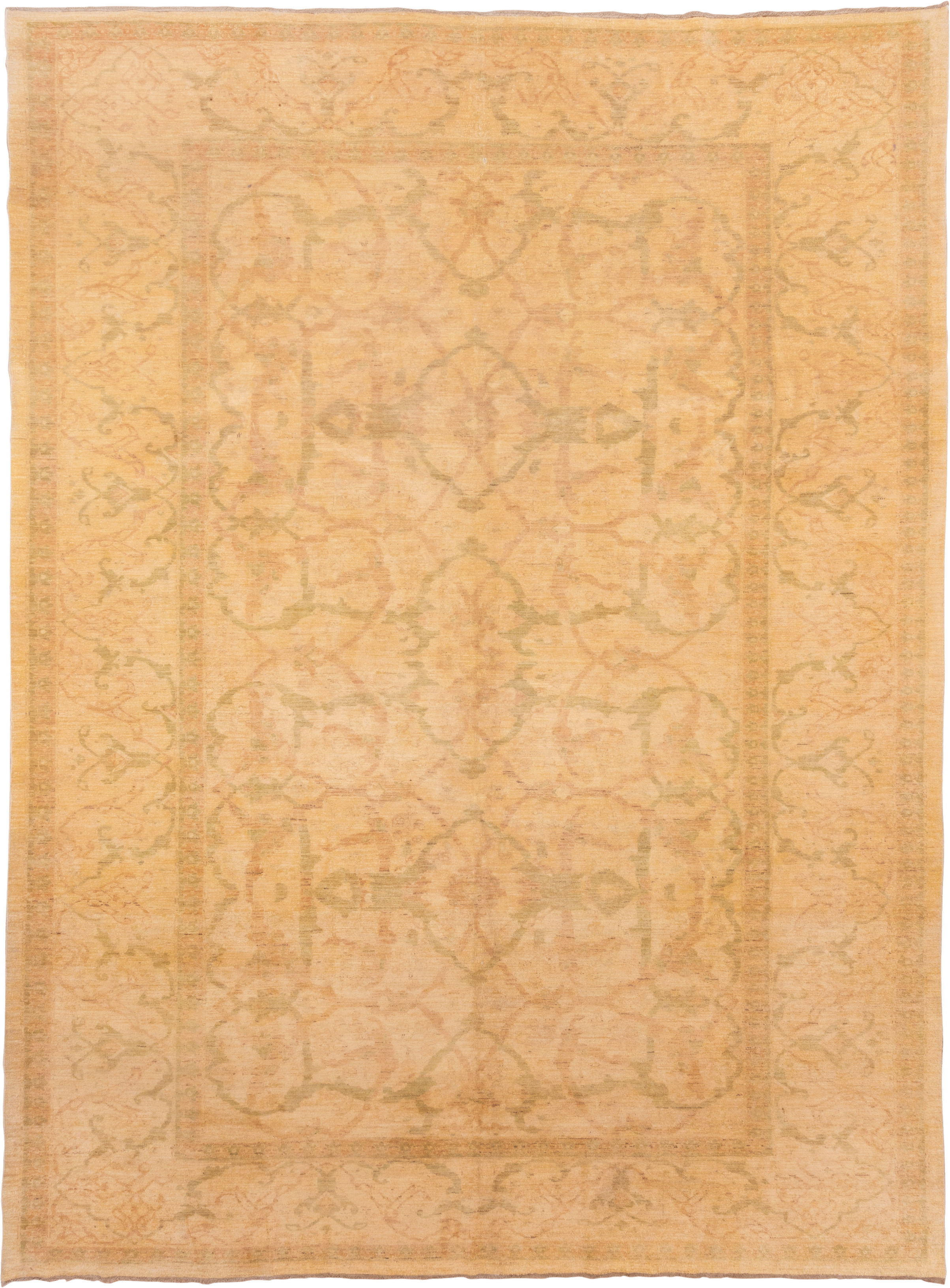 10' x 14' one-of-a-kind handmade vintage Polonase large size rug. Color palette: peach, apricot, ivory, sage, gold, beige