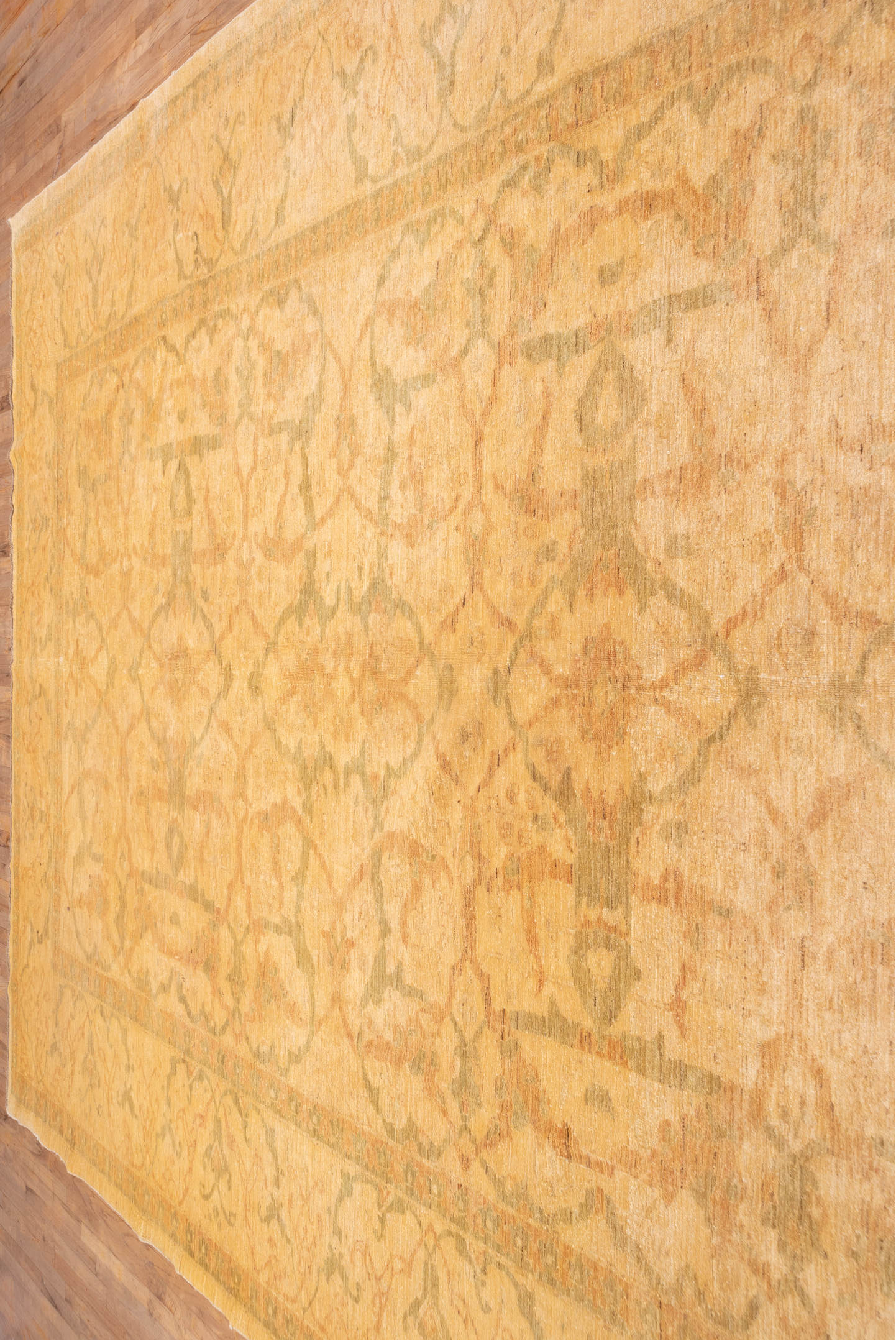 10' x 14' one-of-a-kind handmade vintage Polonase large size rug. Color palette: peach, apricot, ivory, sage, gold, beige