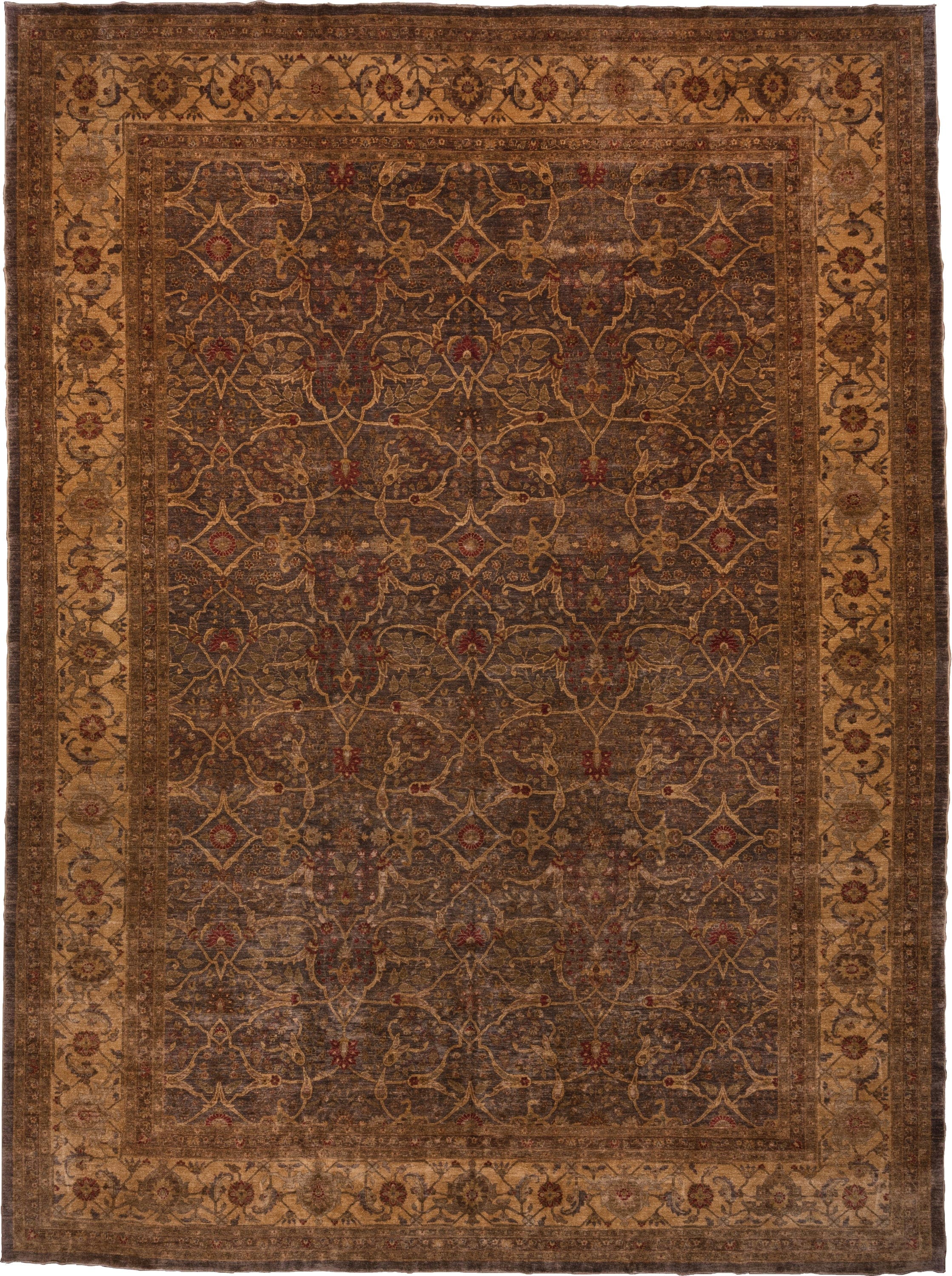 12' x 17' one-of-a-kind handmade vintage Amritzar oversize rug. Color palette: brown, camel, taupe, rust, gold, slate
