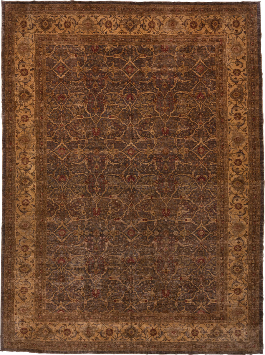 12' x 17' one-of-a-kind handmade vintage Amritzar oversize rug. Color palette: brown, camel, taupe, rust, gold, slate