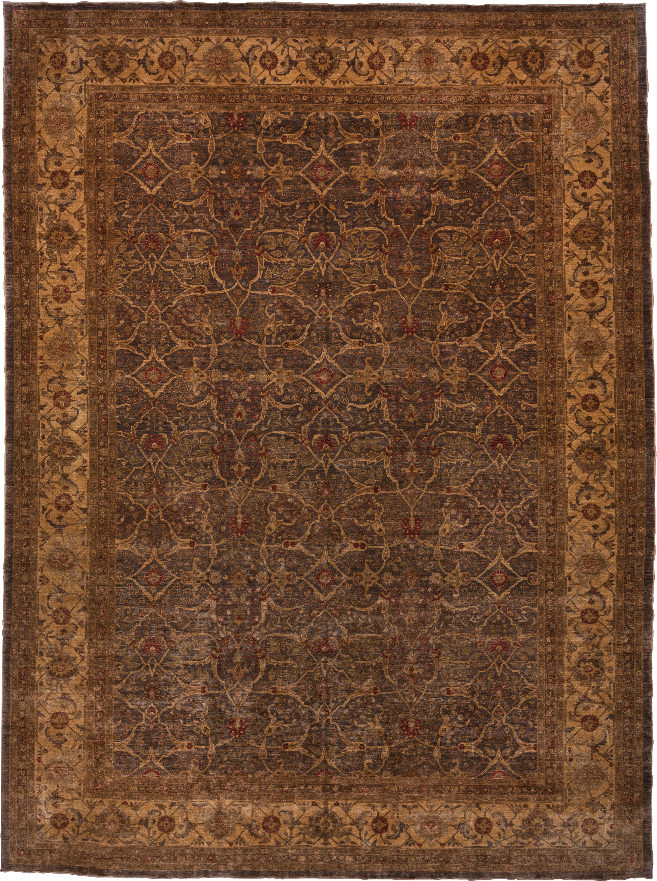 12' x 17' one-of-a-kind handmade vintage Amritzar oversize rug. Color palette: brown, camel, taupe, rust, gold, slate
