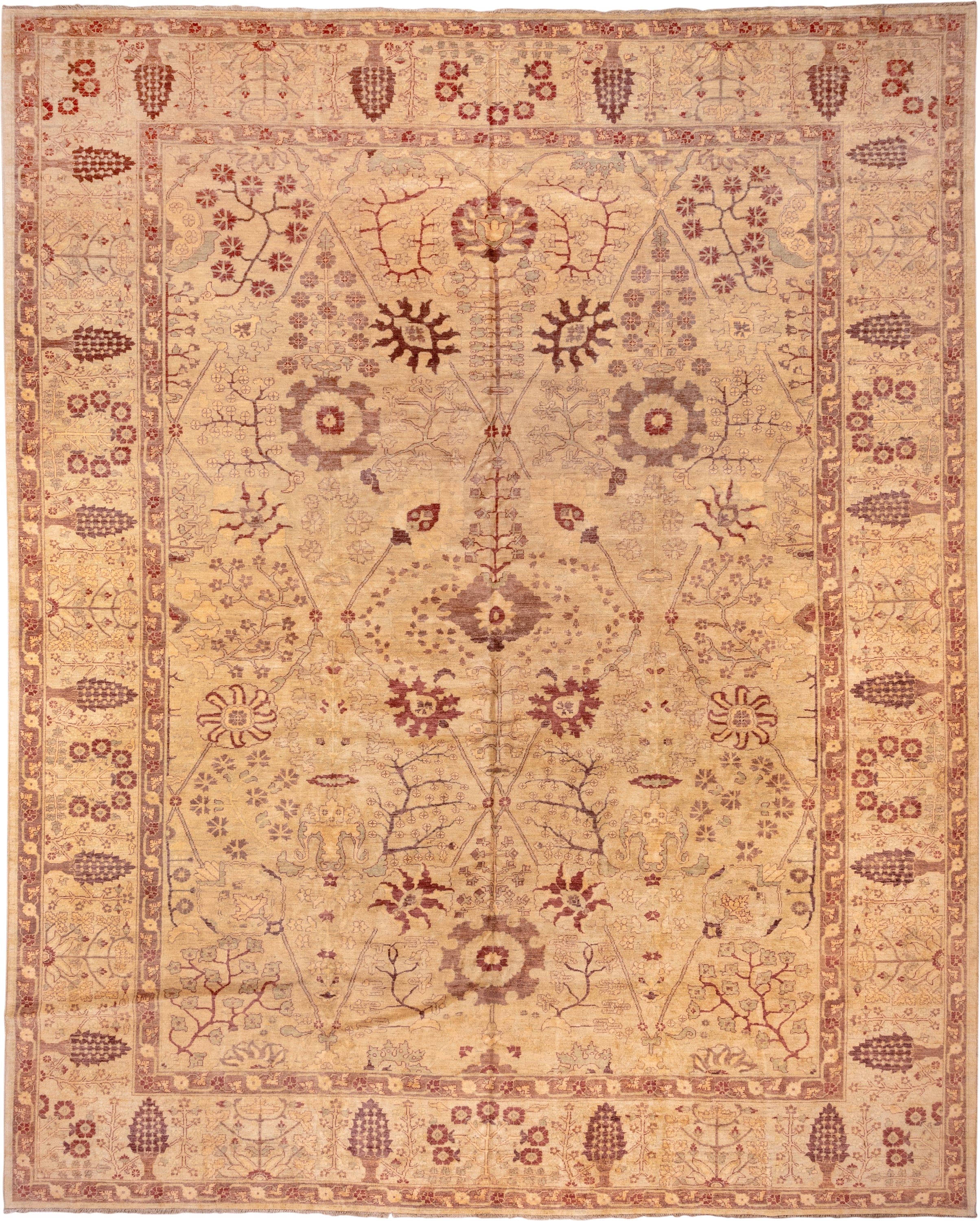 13' x 17' one-of-a-kind handmade vintage Sultanabad oversize rug. Color palette: ivory, taupe, rose, rust, beige, sage