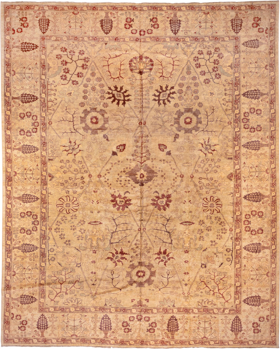 13' x 17' one-of-a-kind handmade vintage Sultanabad oversize rug. Color palette: ivory, taupe, rose, rust, beige, sage