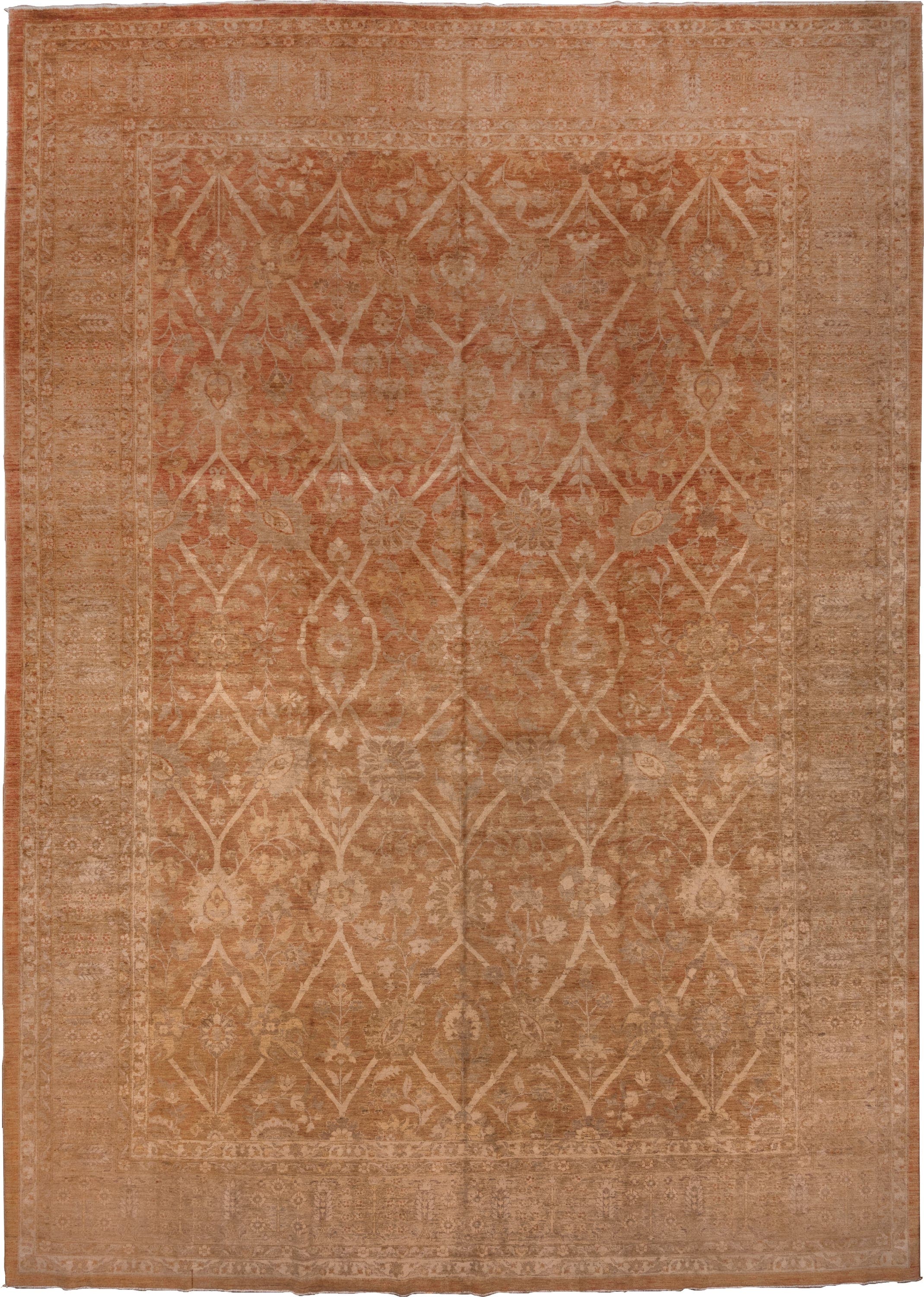 12' x 17' one-of-a-kind handmade vintage Pakistan oversize rug. Color palette: terra cotta, camel, taupe, ivory, beige