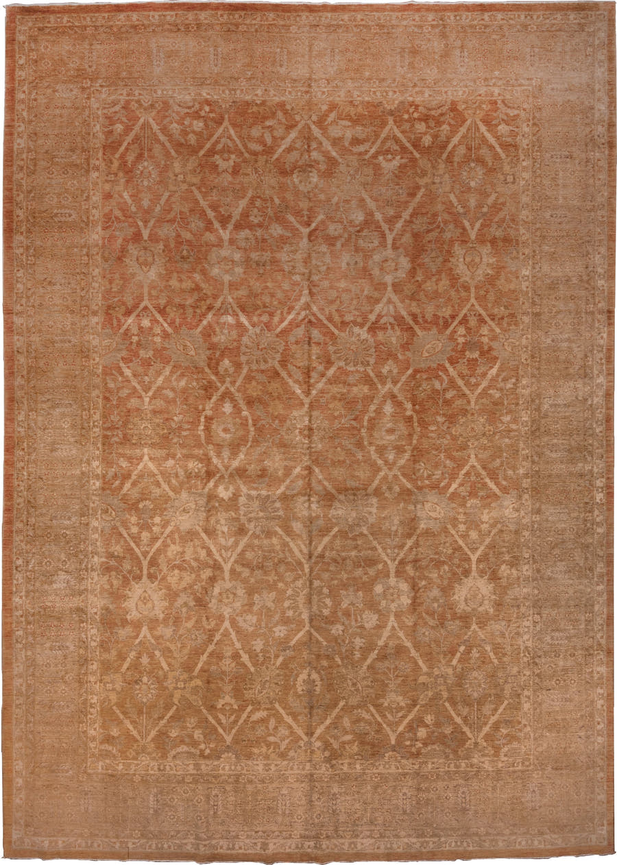12' x 17' one-of-a-kind handmade vintage Pakistan oversize rug. Color palette: terra cotta, camel, taupe, ivory, beige