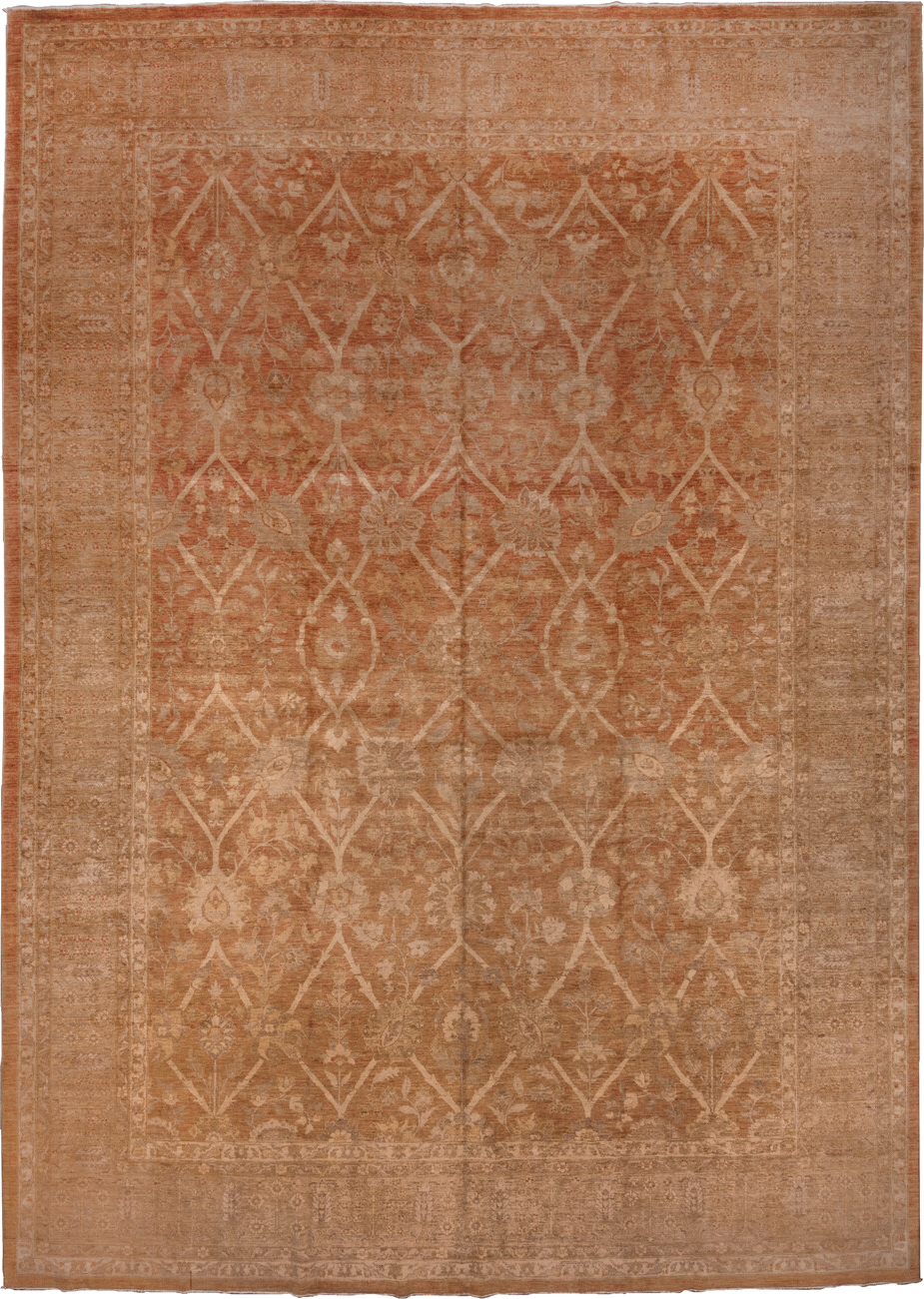 12' x 17' one-of-a-kind handmade vintage Pakistan oversize rug. Color palette: terra cotta, camel, taupe, ivory, beige