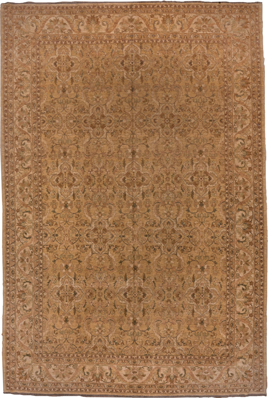 13' x 18' one-of-a-kind handmade vintage Amritzar oversize rug. Color palette: camel, beige, taupe, ivory, tan, sage, brown