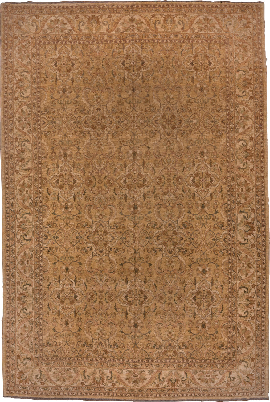 13' x 18' one-of-a-kind handmade vintage Amritzar oversize rug. Color palette: camel, beige, taupe, ivory, tan, sage, brown
