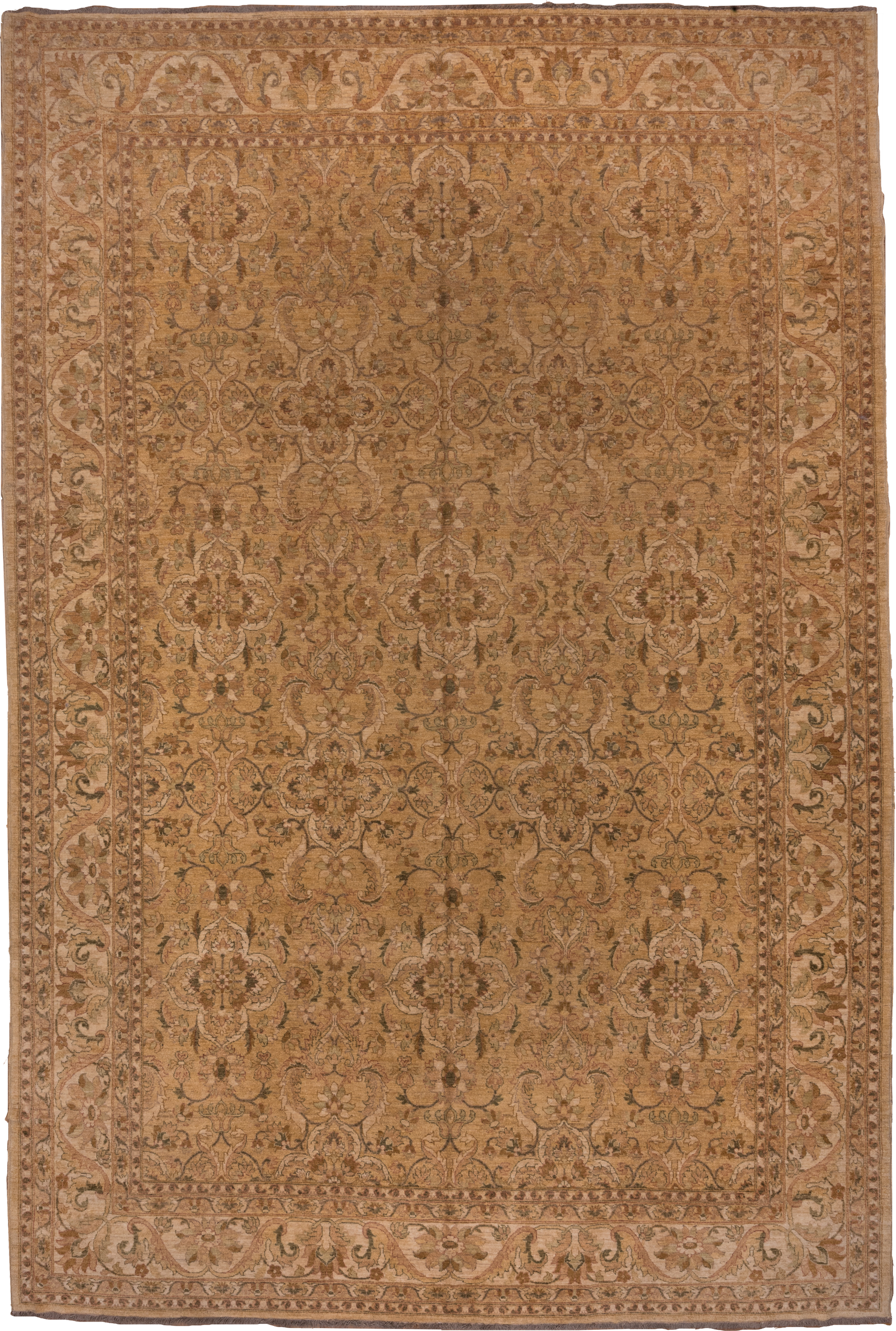 13' x 18' one-of-a-kind handmade vintage Amritzar oversize rug. Color palette: camel, beige, taupe, ivory, tan, sage, brown
