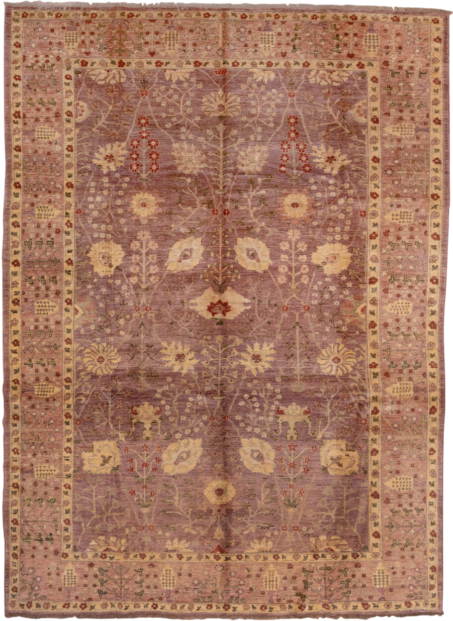 10' x 13' one-of-a-kind handmade vintage Amritzar large size rug. Color palette: lavender, rose, ivory, blush, olive, rust