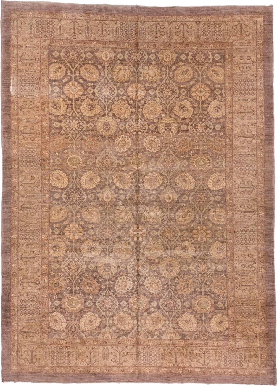 10' x 13' one-of-a-kind handmade vintage Tabriz large size rug. Color palette: taupe, camel, ivory, beige, rose, sage, brown