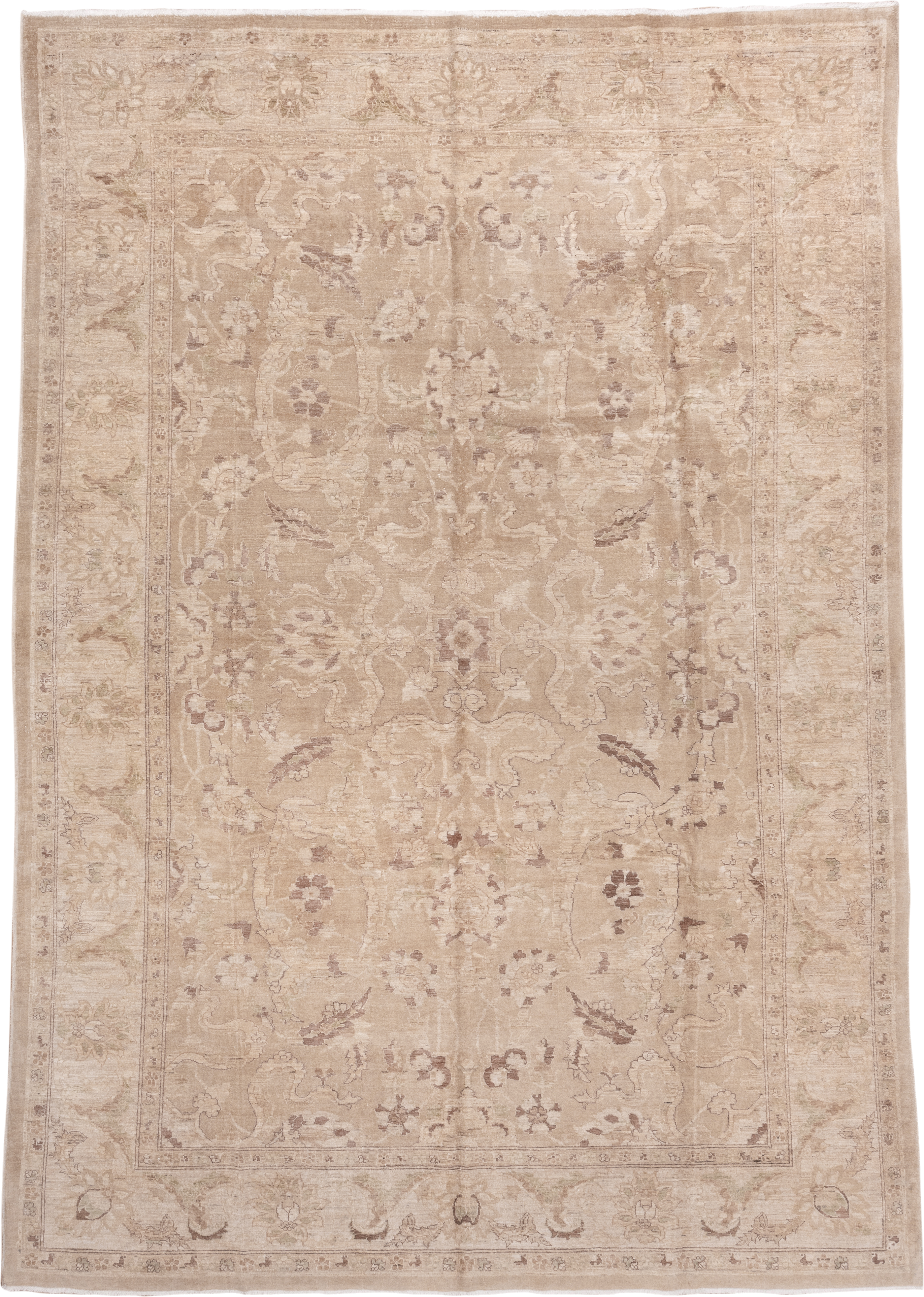 8' x 12' one-of-a-kind handmade vintage Amritzar large size rug. Color palette: beige, ivory, taupe, camel, sand, rose, sage