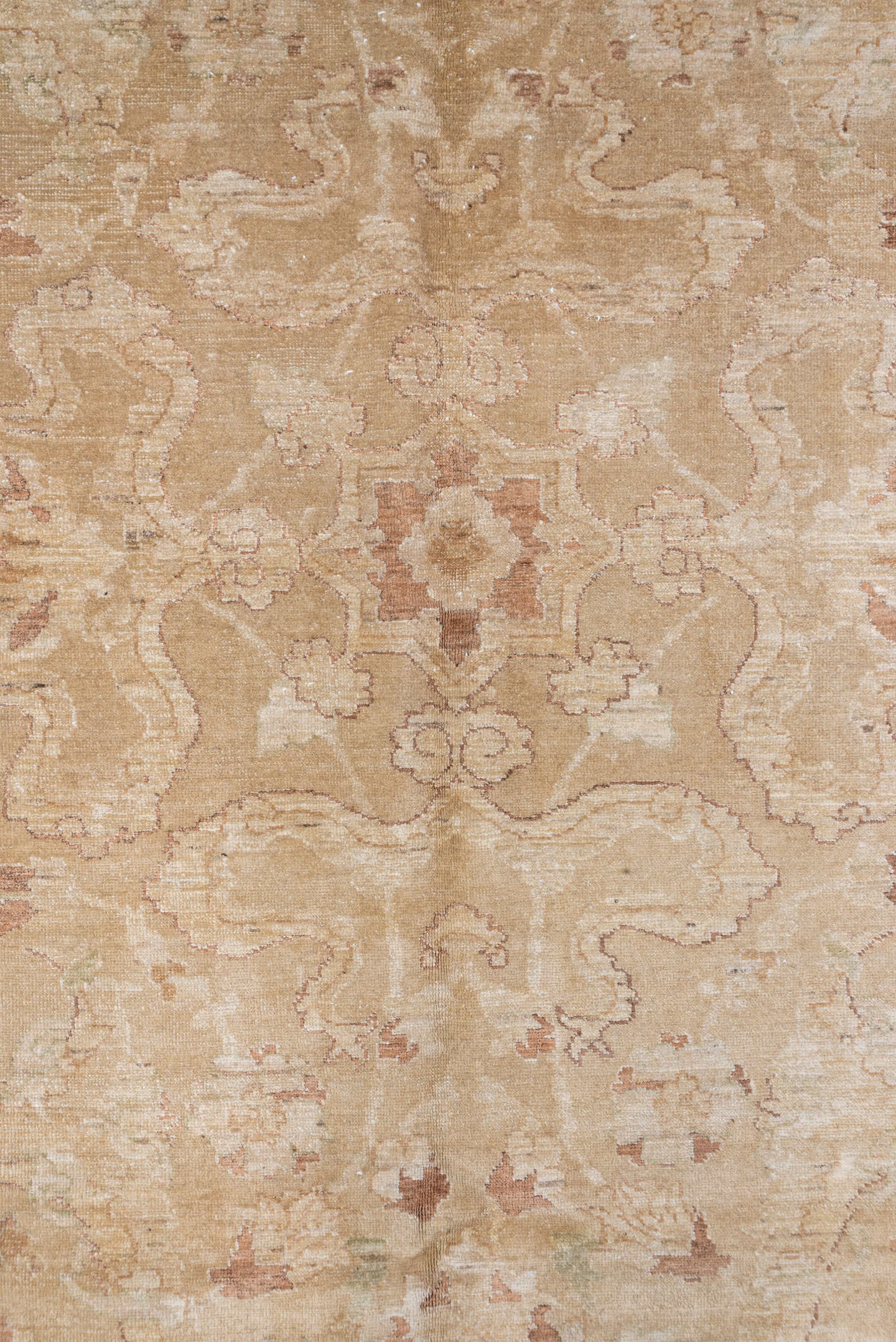 8' x 12' one-of-a-kind handmade vintage Amritzar large size rug. Color palette: beige, ivory, taupe, camel, sand, rose, sage