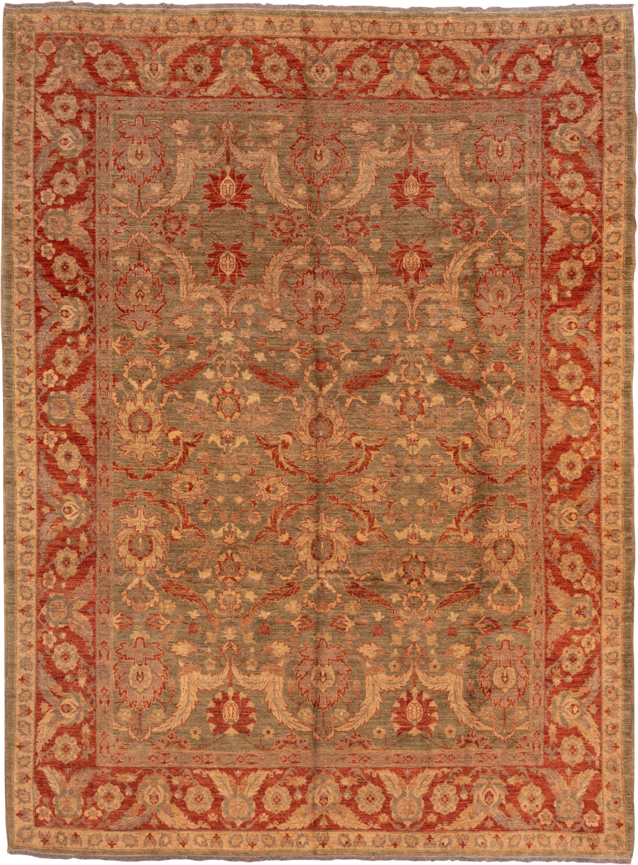 9' x 13' one-of-a-kind handmade vintage Sultanabad large size rug. Color palette: taupe, rust, beige, olive, camel