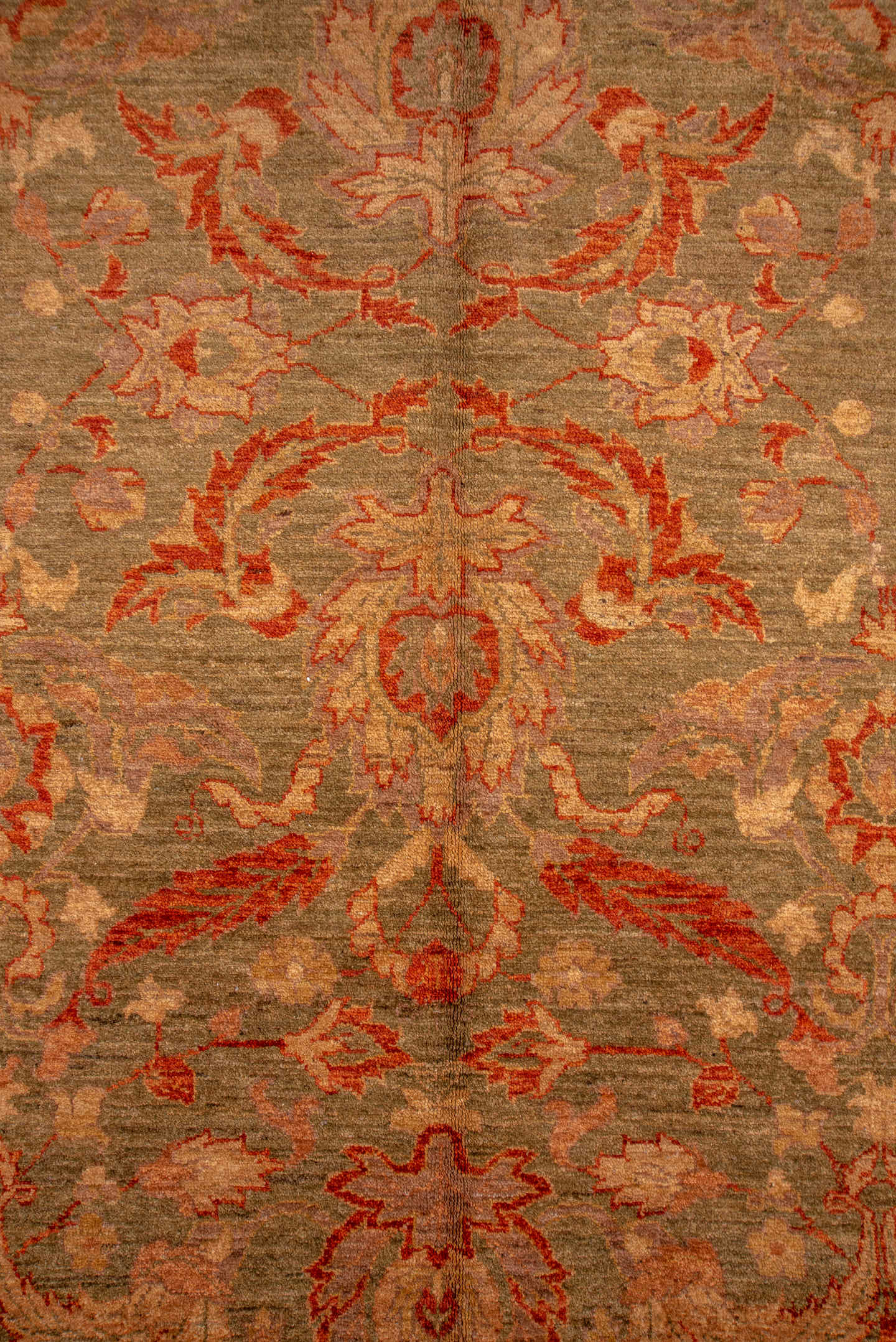 9' x 13' one-of-a-kind handmade vintage Sultanabad large size rug. Color palette: taupe, rust, beige, olive, camel