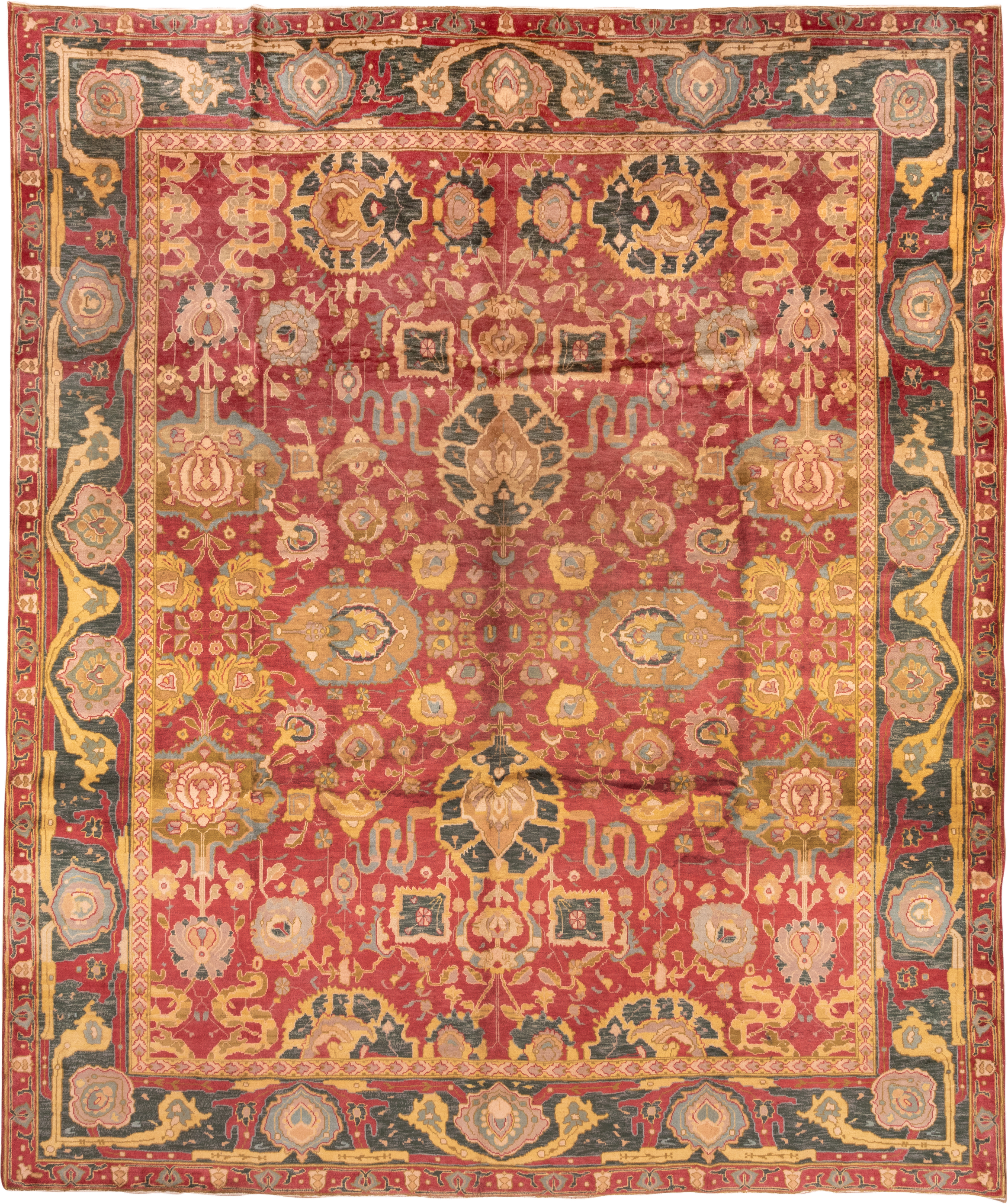 11' x 13' one-of-a-kind handmade vintage Agra oversize rug. Color palette: rust, charcoal, gold, ivory, sage, terra cotta