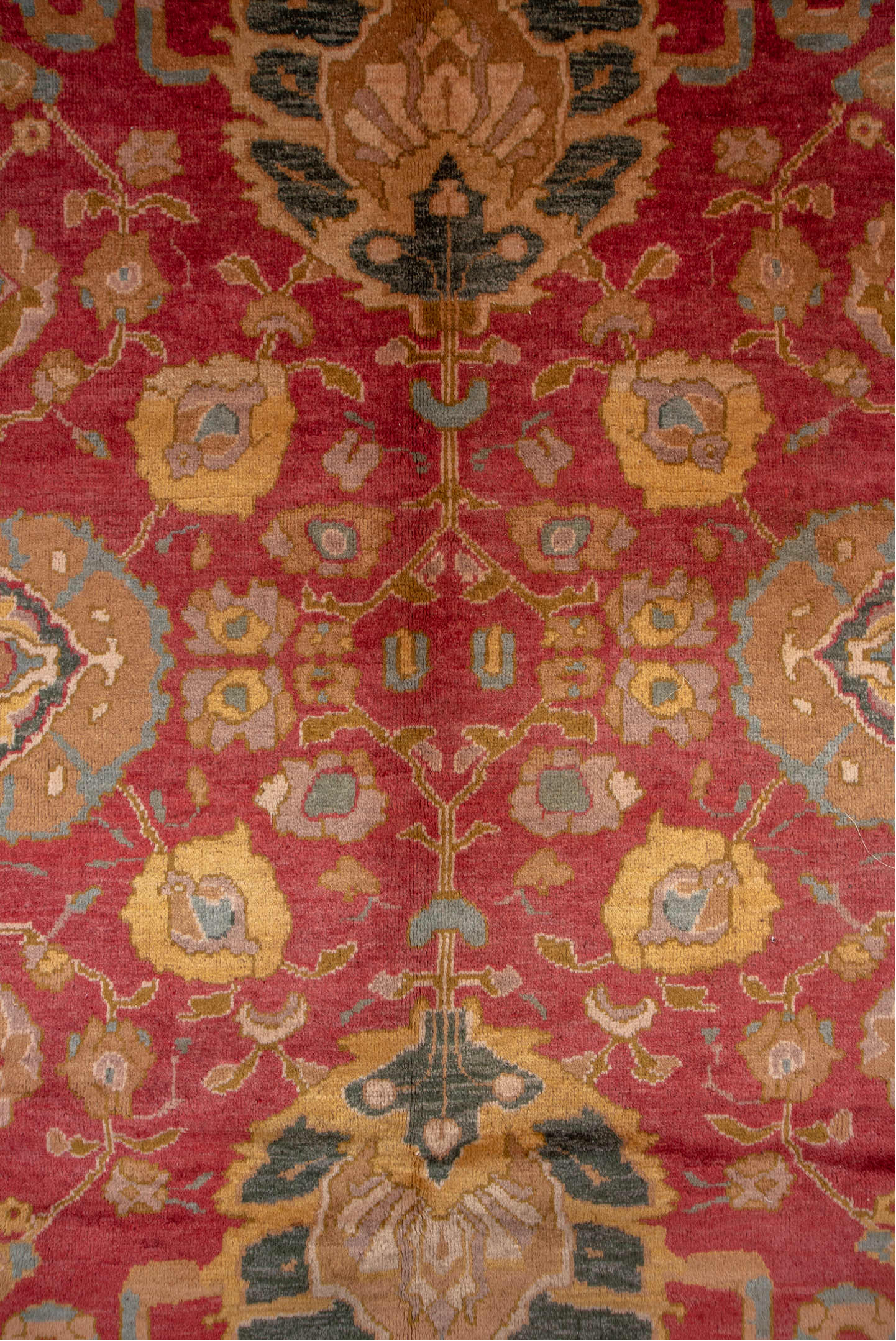 11' x 13' one-of-a-kind handmade vintage Agra oversize rug. Color palette: rust, charcoal, gold, ivory, sage, terra cotta