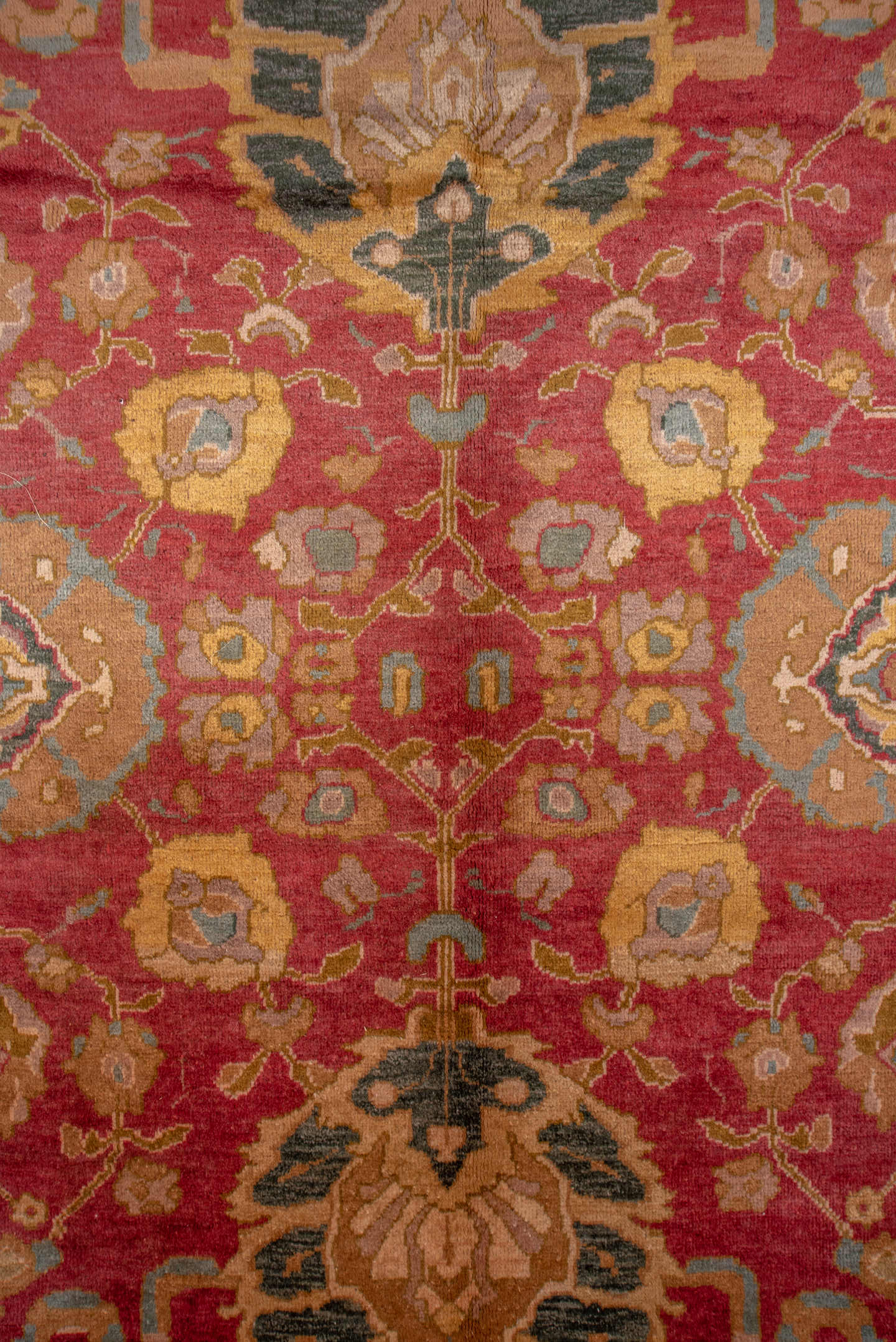 11' x 13' one-of-a-kind handmade vintage Agra oversize rug. Color palette: rust, charcoal, gold, ivory, sage, terra cotta