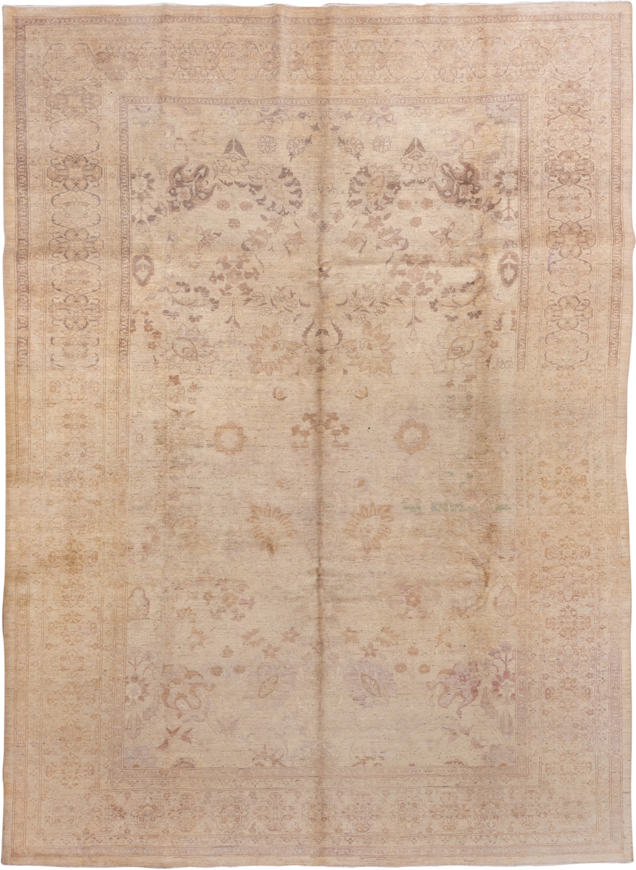 10' x 14' one-of-a-kind handmade vintage Tabriz large size rug. Color palette: ivory, beige, taupe, blush, camel, sage, gray