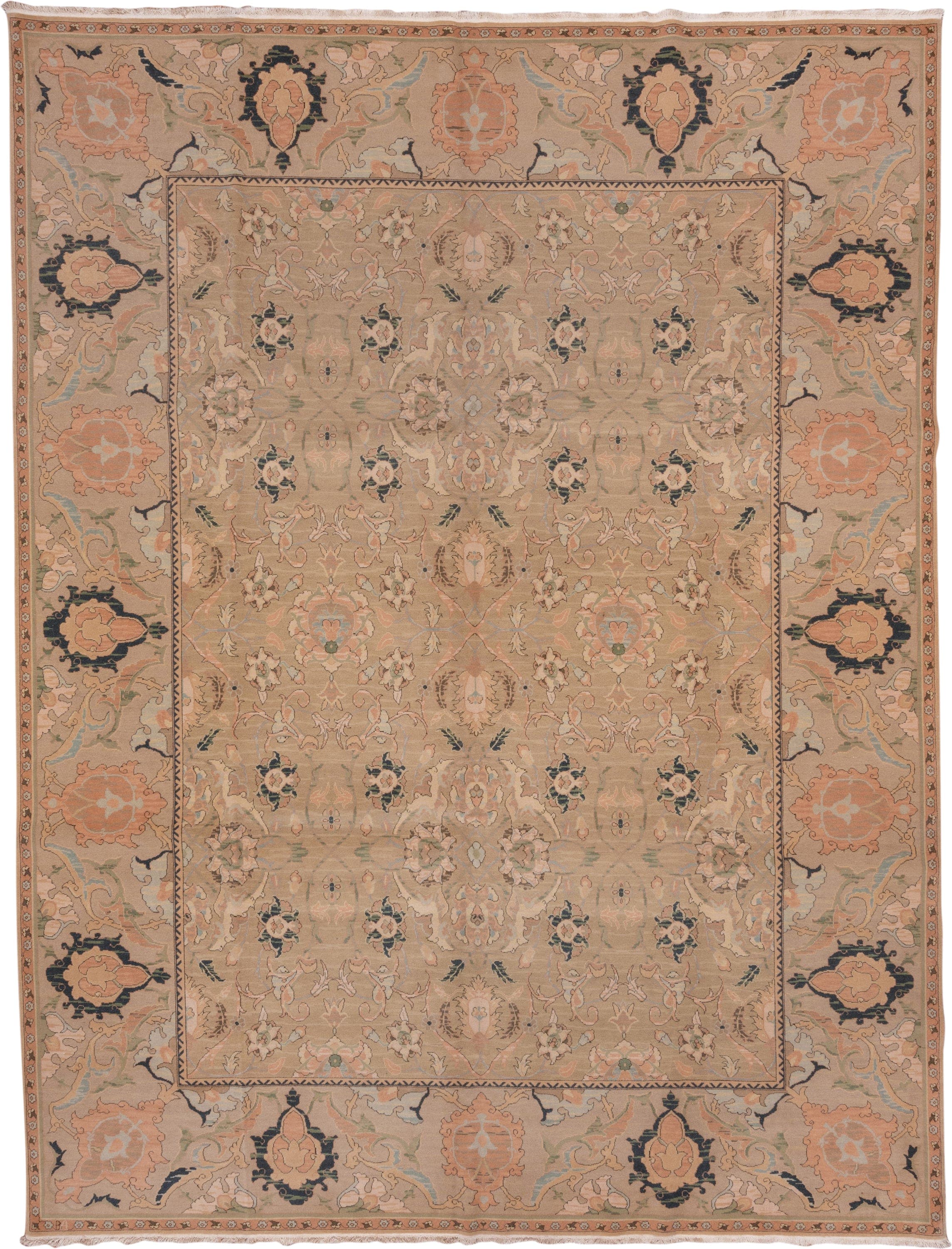 10' x 13' one-of-a-kind handmade vintage Polonase large size rug. Color palette: beige, blush, sage, ivory, charcoal, taupe