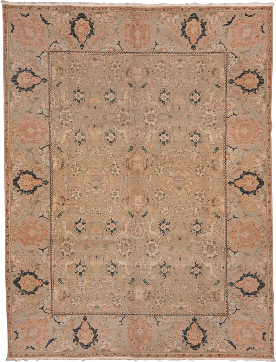 10' x 13' one-of-a-kind handmade vintage Polonase large size rug. Color palette: beige, blush, sage, ivory, charcoal, taupe