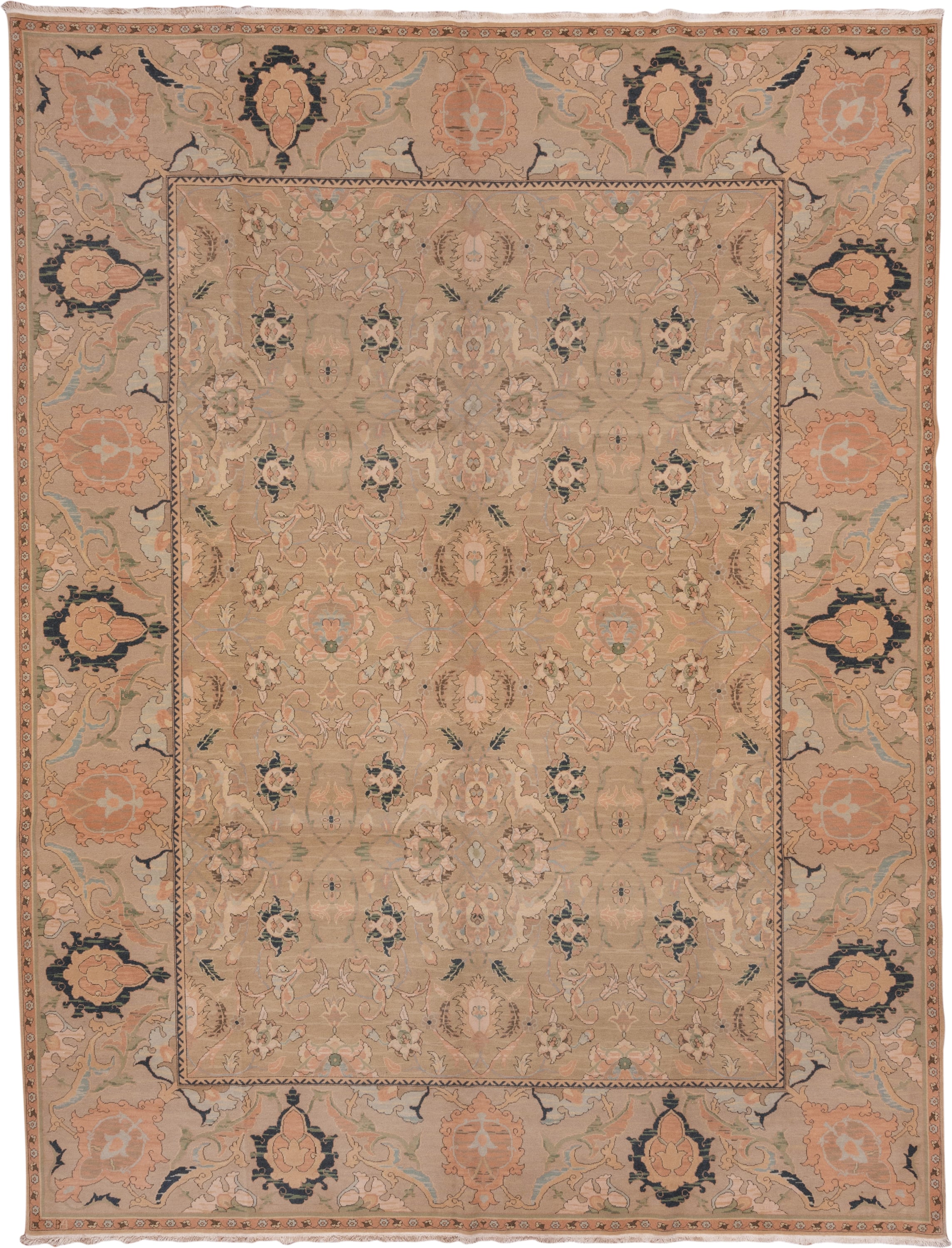 10' x 13' one-of-a-kind handmade vintage Polonase large size rug. Color palette: beige, blush, sage, ivory, charcoal, taupe