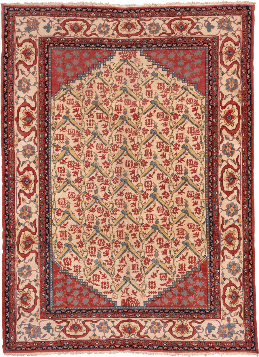 10' x 14' one-of-a-kind handmade vintage Serapi large size rug. Color palette: ivory, rust, indigo, soft blue, brick, camel