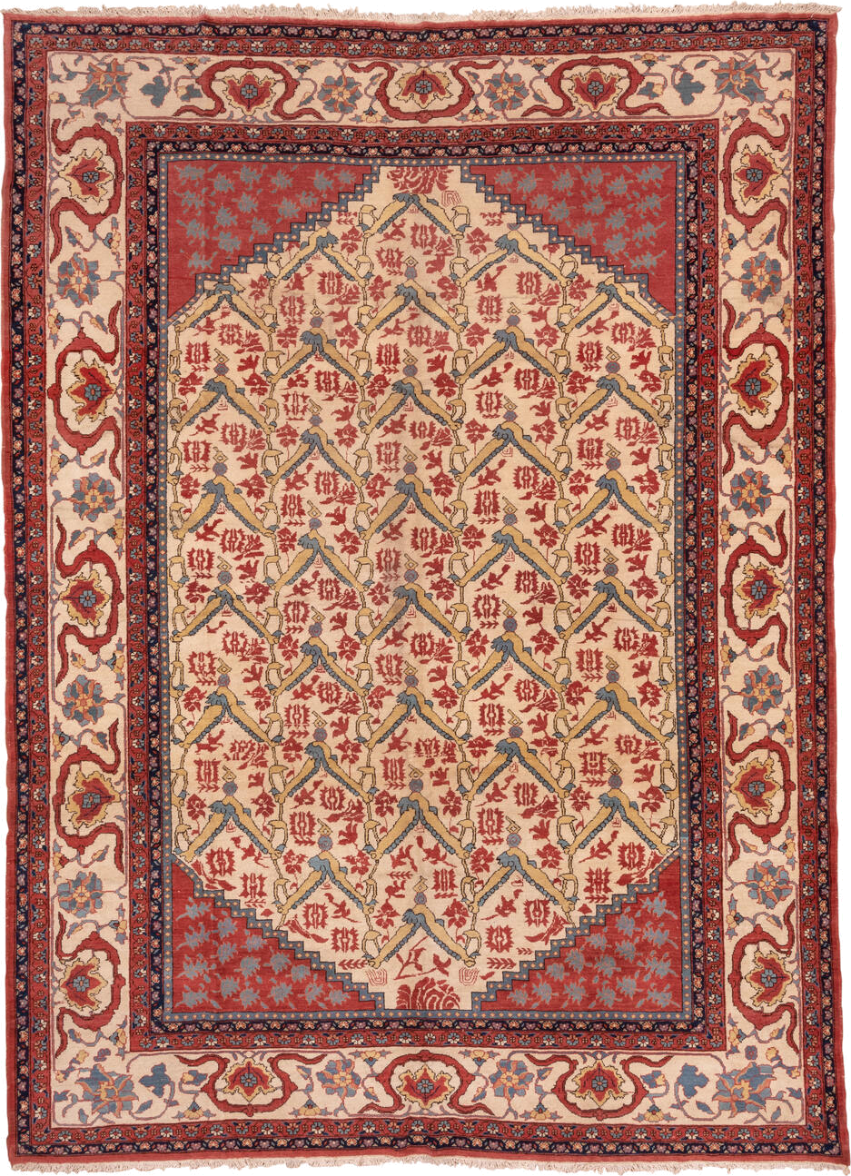 10' x 14' one-of-a-kind handmade vintage Serapi large size rug. Color palette: ivory, rust, indigo, soft blue, brick, camel