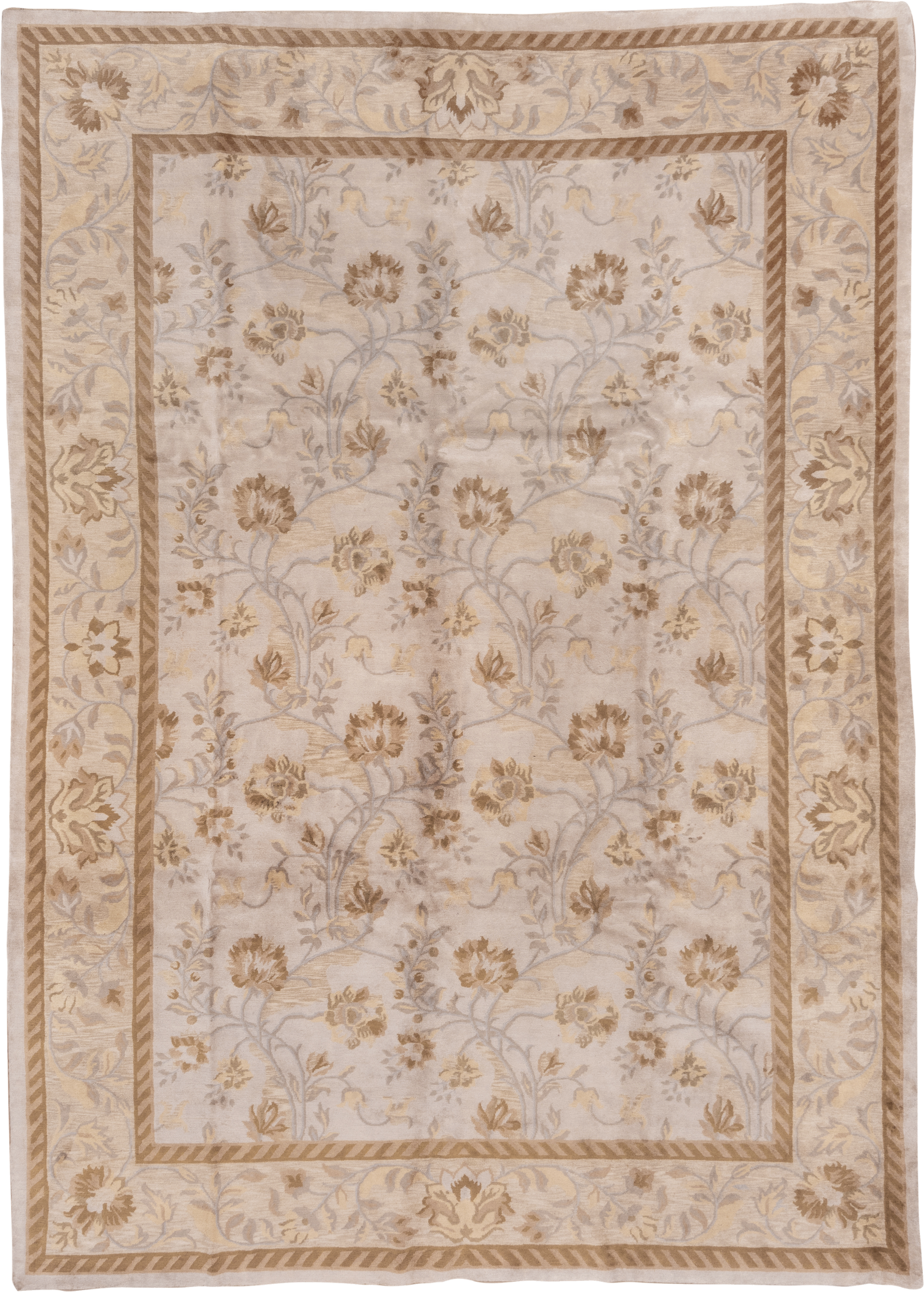 9' x 13' one-of-a-kind handmade vintage India large size rug. Color palette: ivory, taupe, camel, beige, sand, light blue