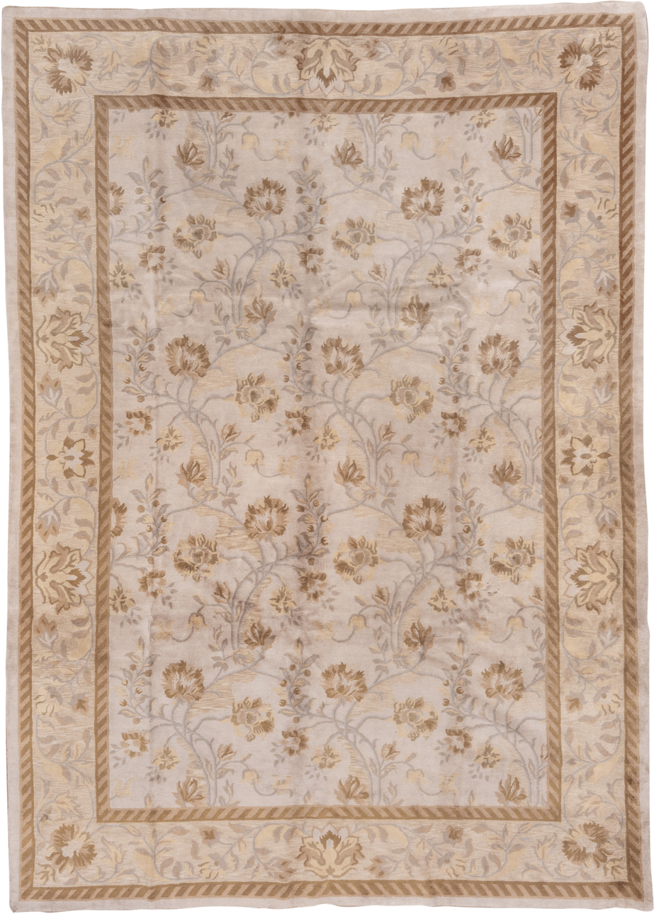 9' x 13' one-of-a-kind handmade vintage India large size rug. Color palette: ivory, taupe, camel, beige, sand, light blue